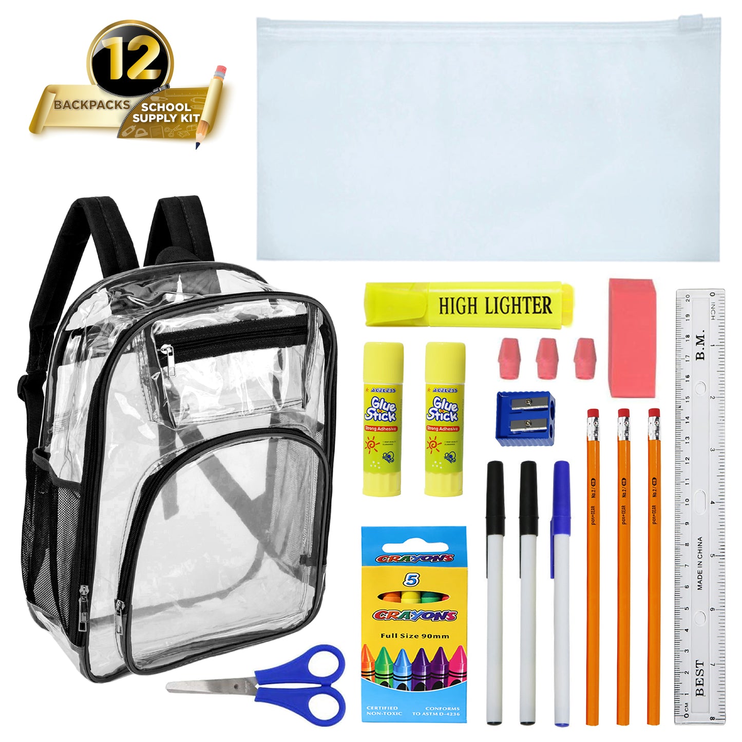 12 Deluxe 17" Clear Wholesale Backpacks in Black Trim & 12 Bulk School Supply Kits | Choose Your Kit
