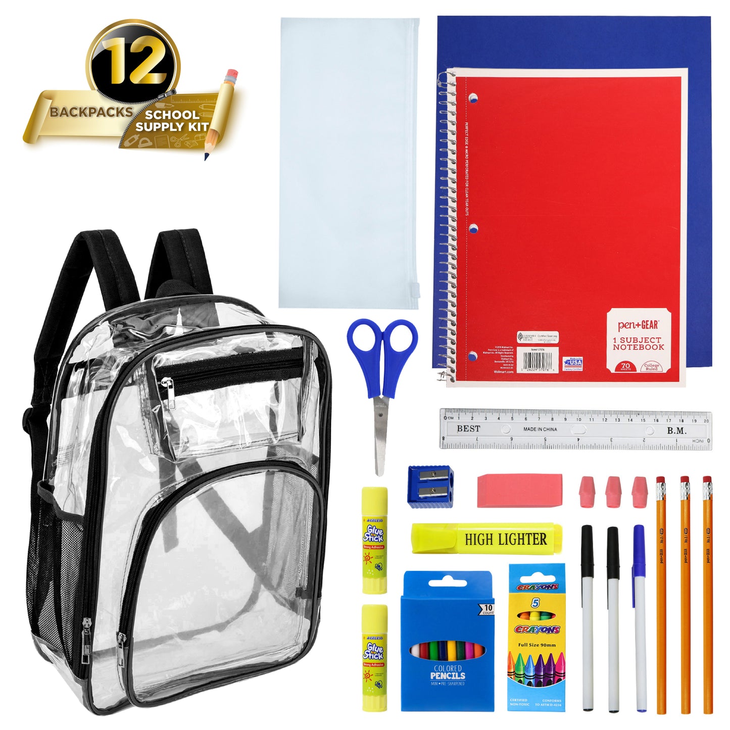 12 Deluxe 17" Clear Wholesale Backpacks in Black Trim & 12 Bulk School Supply Kits | Choose Your Kit