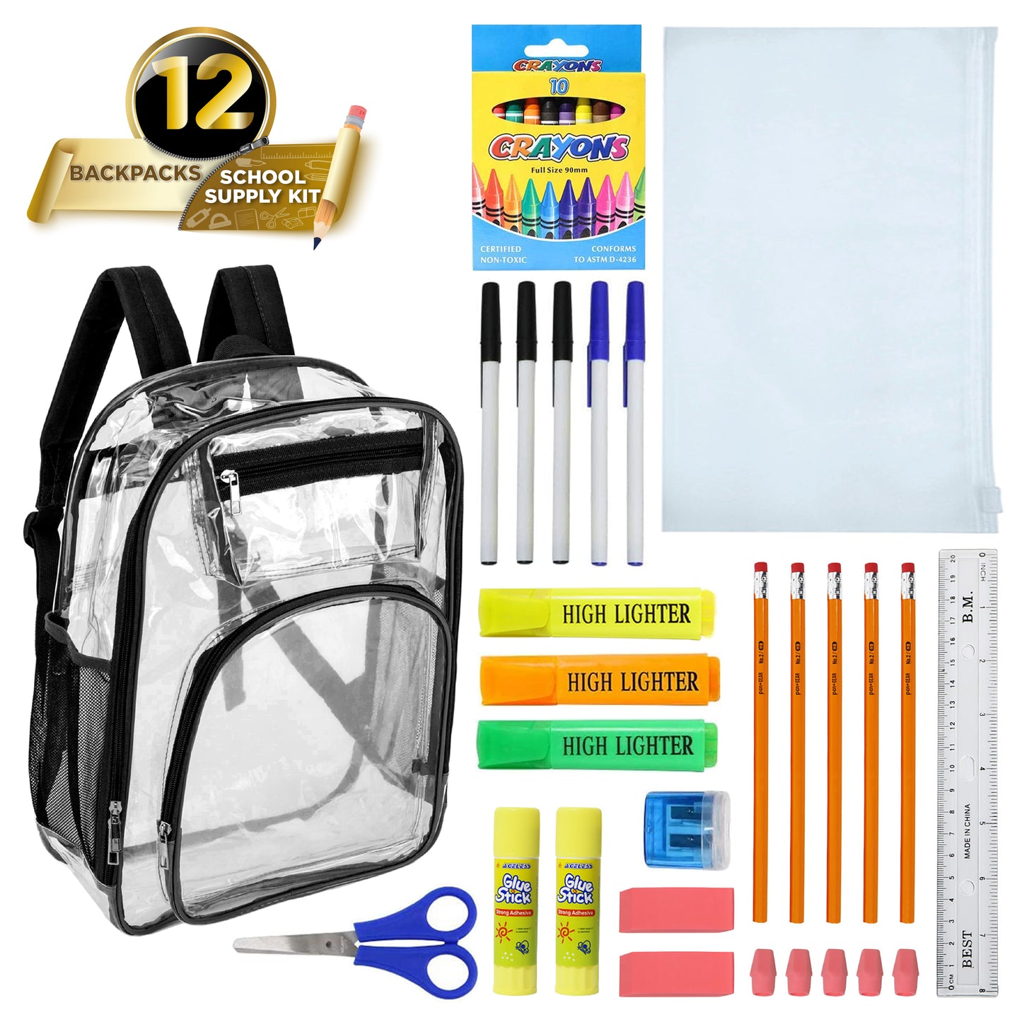12 Deluxe 17" Clear Wholesale Backpacks in Black Trim & 12 Bulk School Supply Kits | Choose Your Kit
