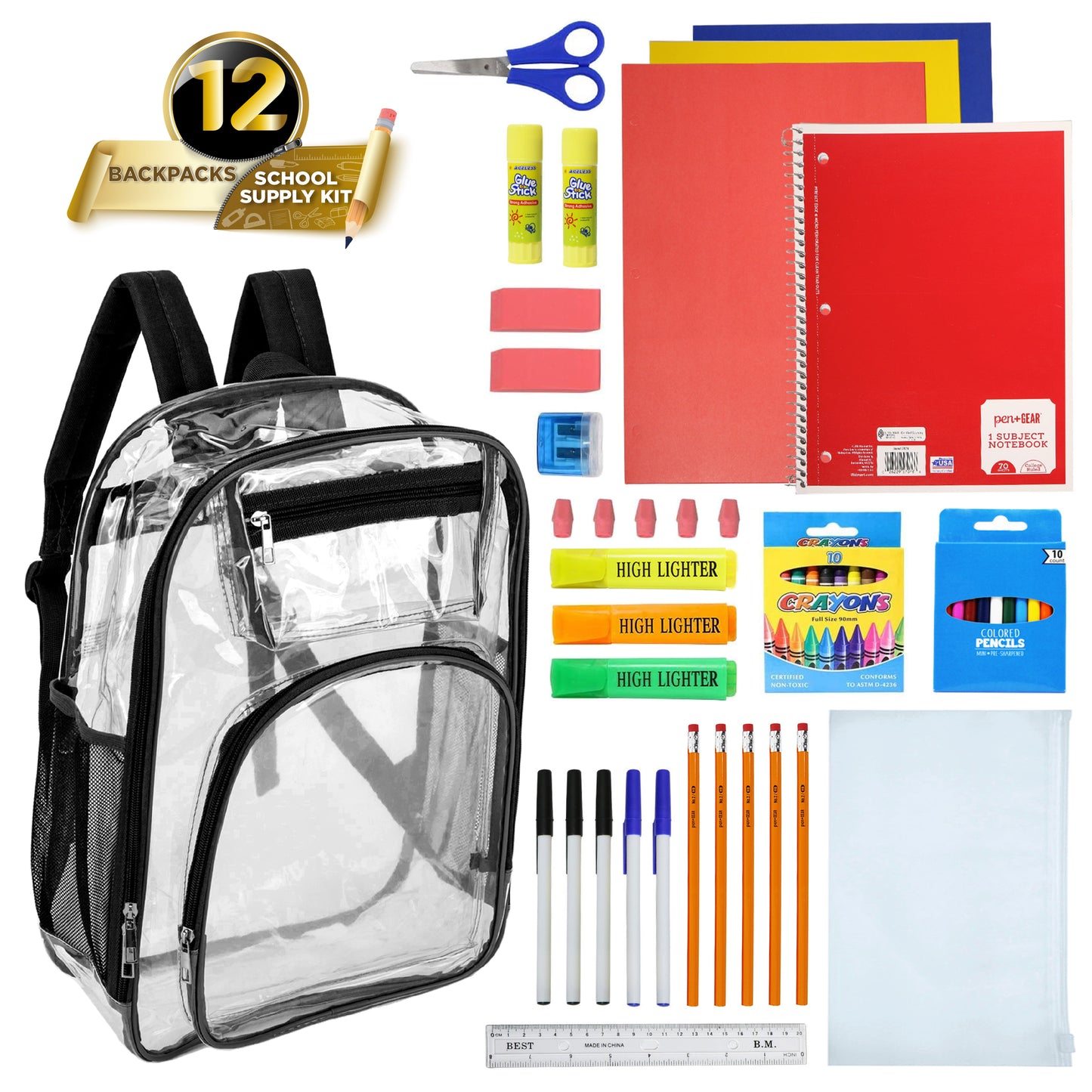 12 Deluxe 17" Clear Wholesale Backpacks in Black Trim & 12 Bulk School Supply Kits | Choose Your Kit