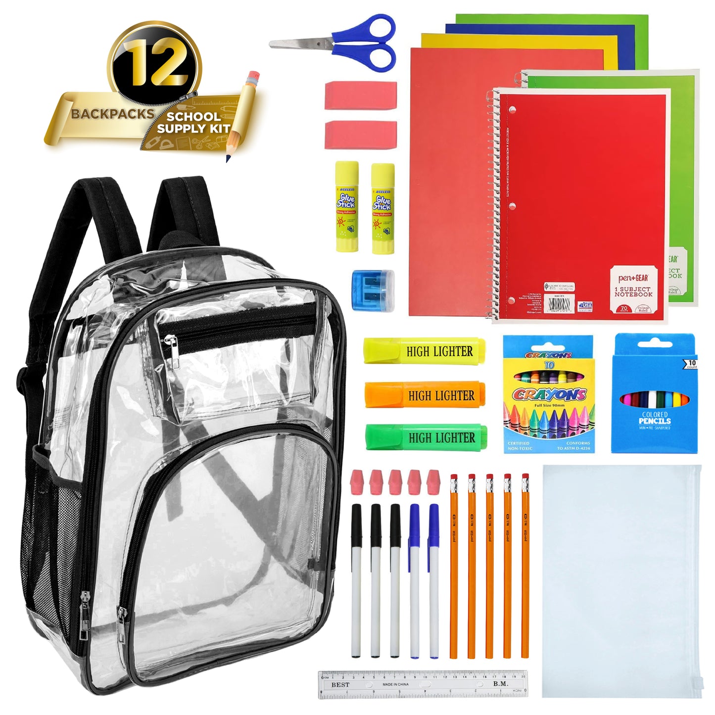 12 Deluxe 17" Clear Wholesale Backpacks in Black Trim & 12 Bulk School Supply Kits | Choose Your Kit