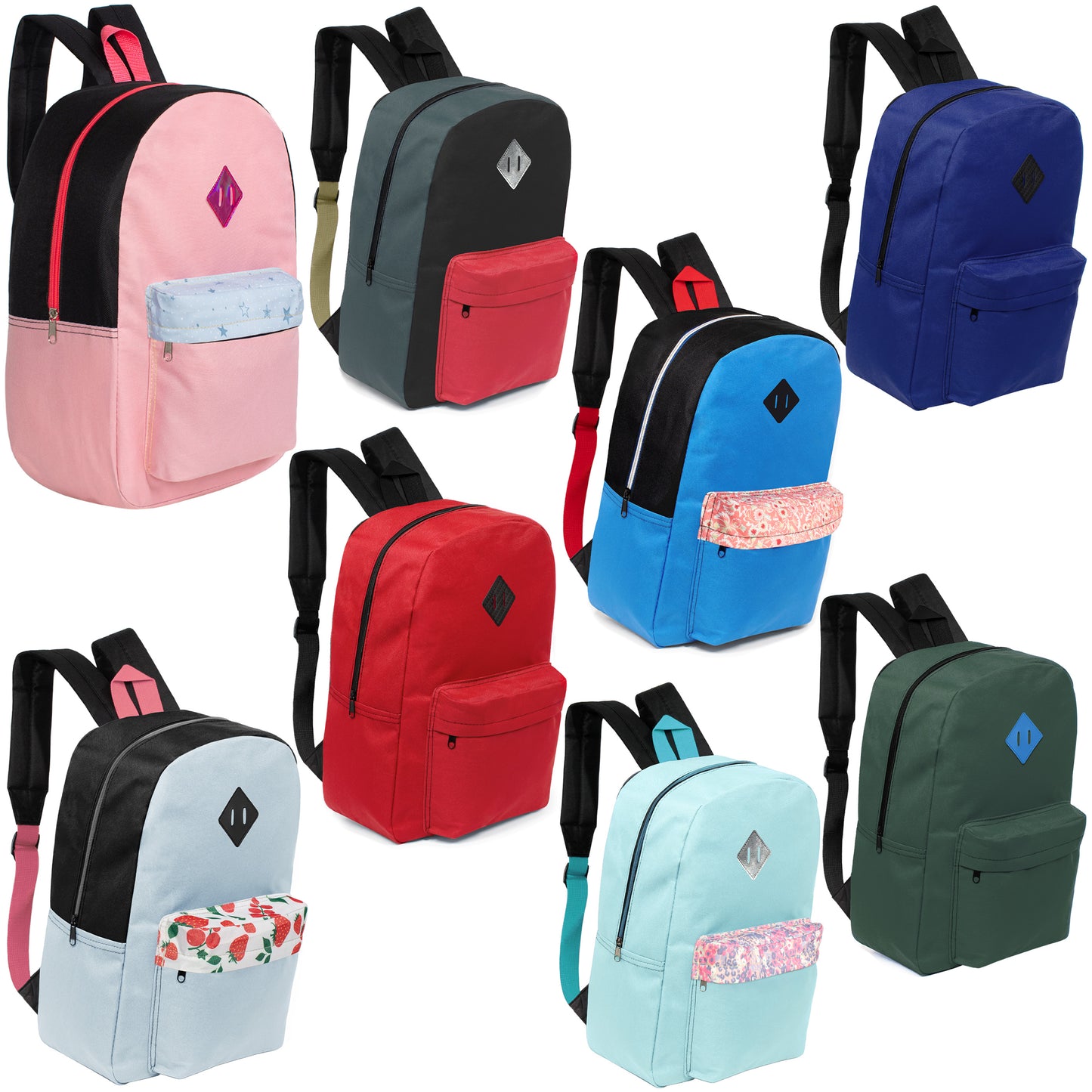 17" Diamond Patch Padded Wholesale Backpacks in Random Colors - Bulk Case of 24 ($5.50 / UNIT - ITEM: DWBP-345-24)