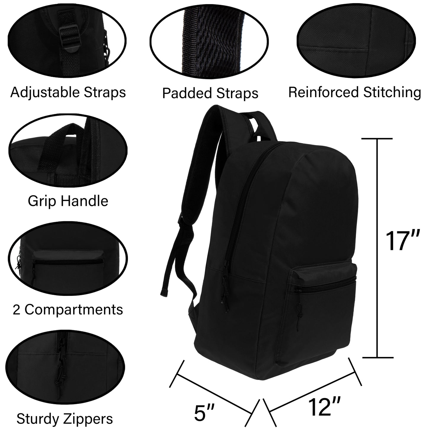 Wholesale 17" Basic Backpacks for Back to School in Black - Bulk Case of 24 ($4.50 / UNIT - ITEM: DWBP-5XX67BLK-X24)