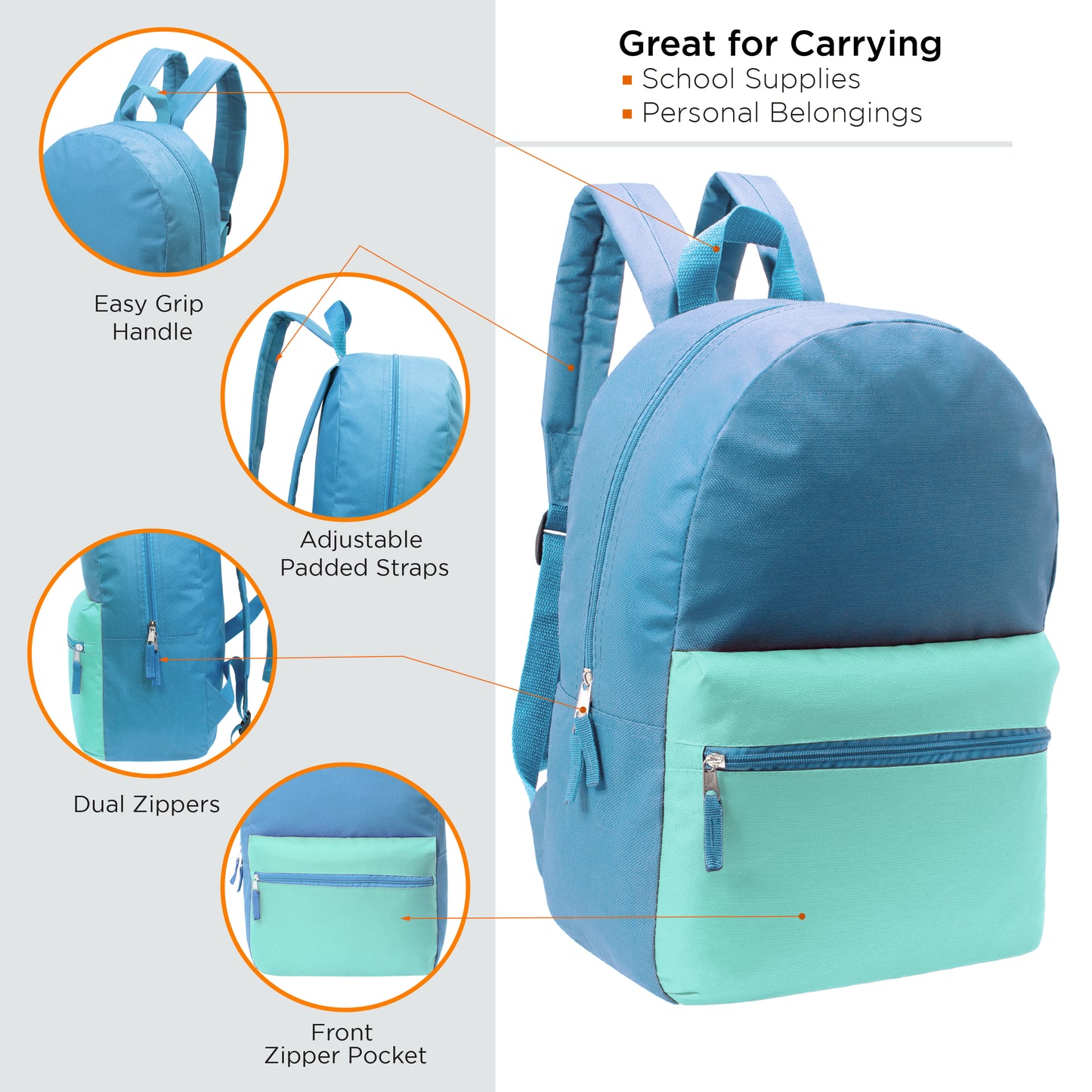 17" Unisex Multi-Color Wholesale Backpacks in 12 Colors - Bulk Case of 24 ($4.50 / UNIT - ITEM: DWBP-284-24)