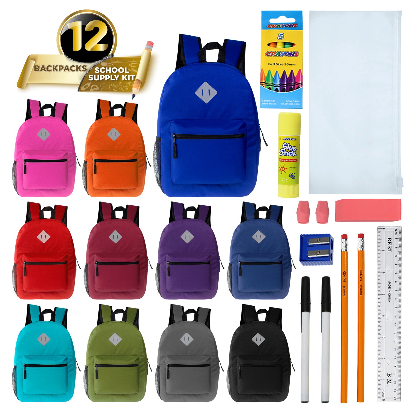 Assorted Color 17" Padded Back Wholesale Backpacks & 12 Bulk School Supply Kits | Choose Your Kit
