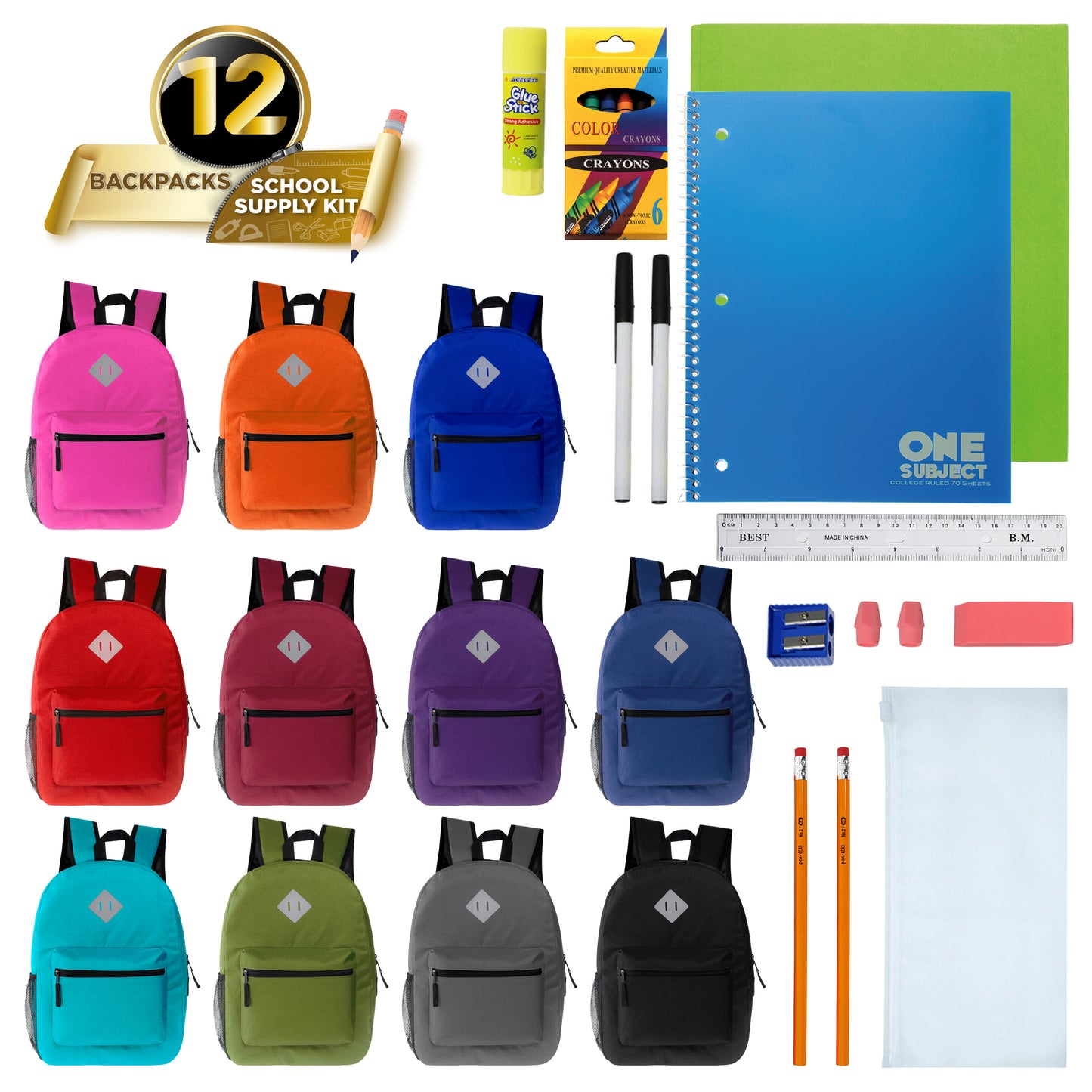 Assorted Color 17" Padded Back Wholesale Backpacks & 12 Bulk School Supply Kits | Choose Your Kit