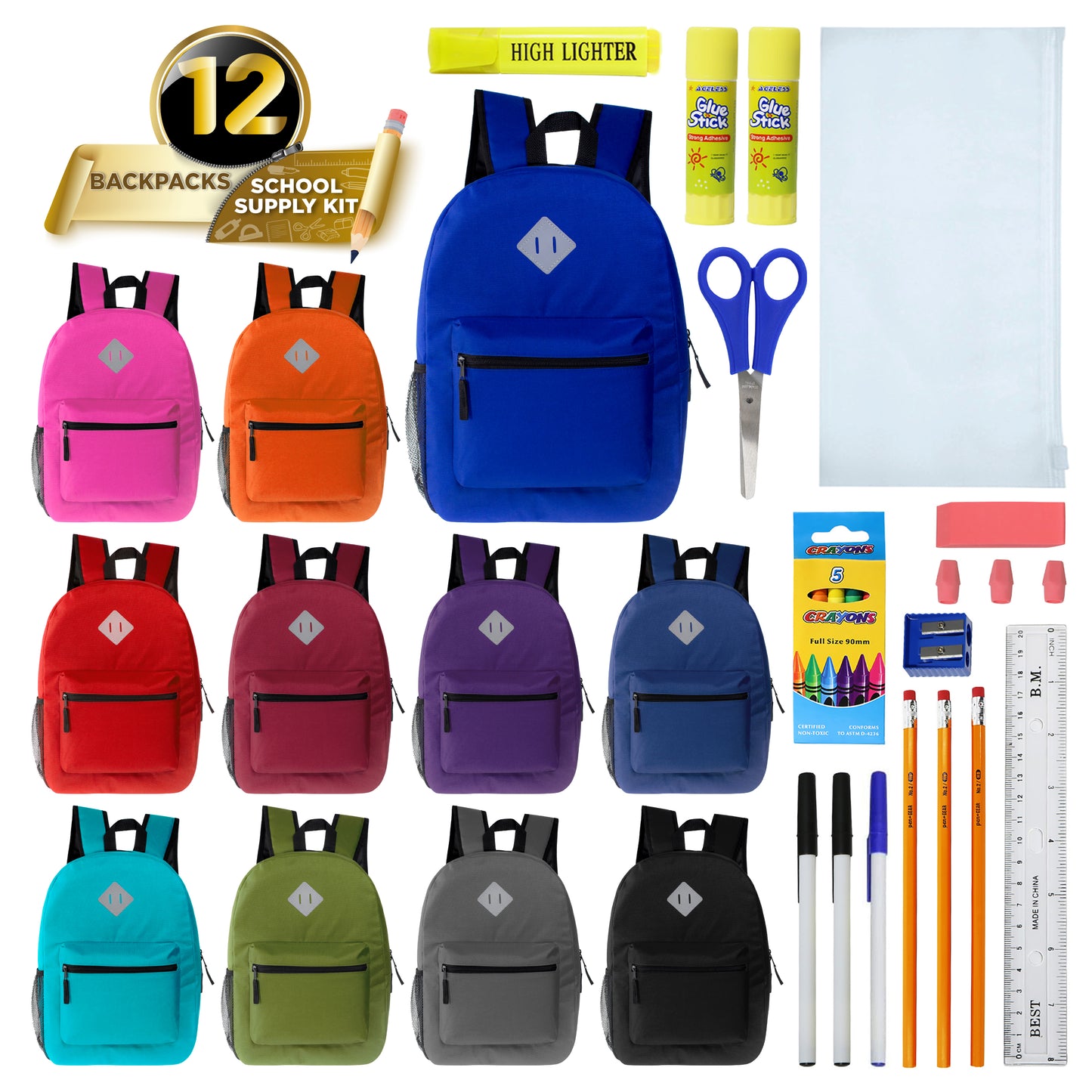 Assorted Color 17" Padded Back Wholesale Backpacks & 12 Bulk School Supply Kits | Choose Your Kit