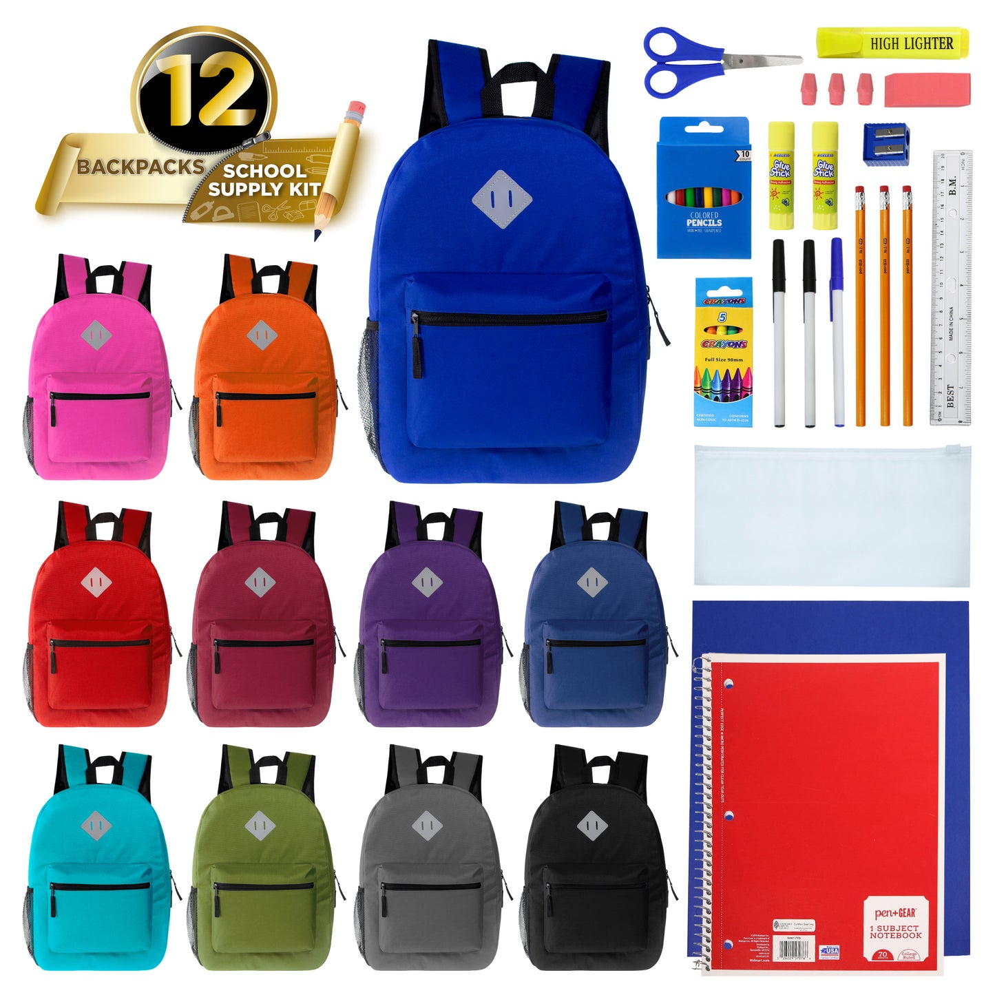 Assorted Color 17" Padded Back Wholesale Backpacks & 12 Bulk School Supply Kits | Choose Your Kit