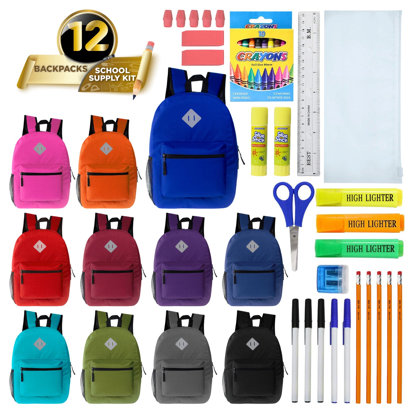 Assorted Color 17" Padded Back Wholesale Backpacks & 12 Bulk School Supply Kits | Choose Your Kit