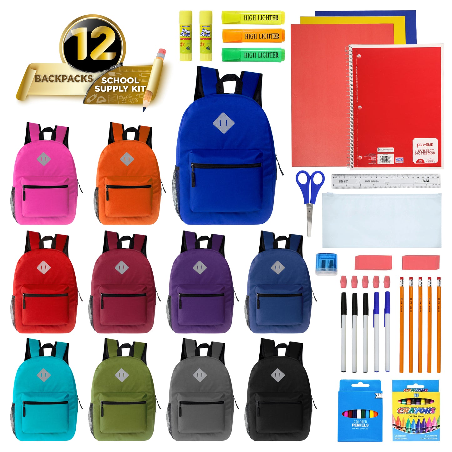 Assorted Color 17" Padded Back Wholesale Backpacks & 12 Bulk School Supply Kits | Choose Your Kit