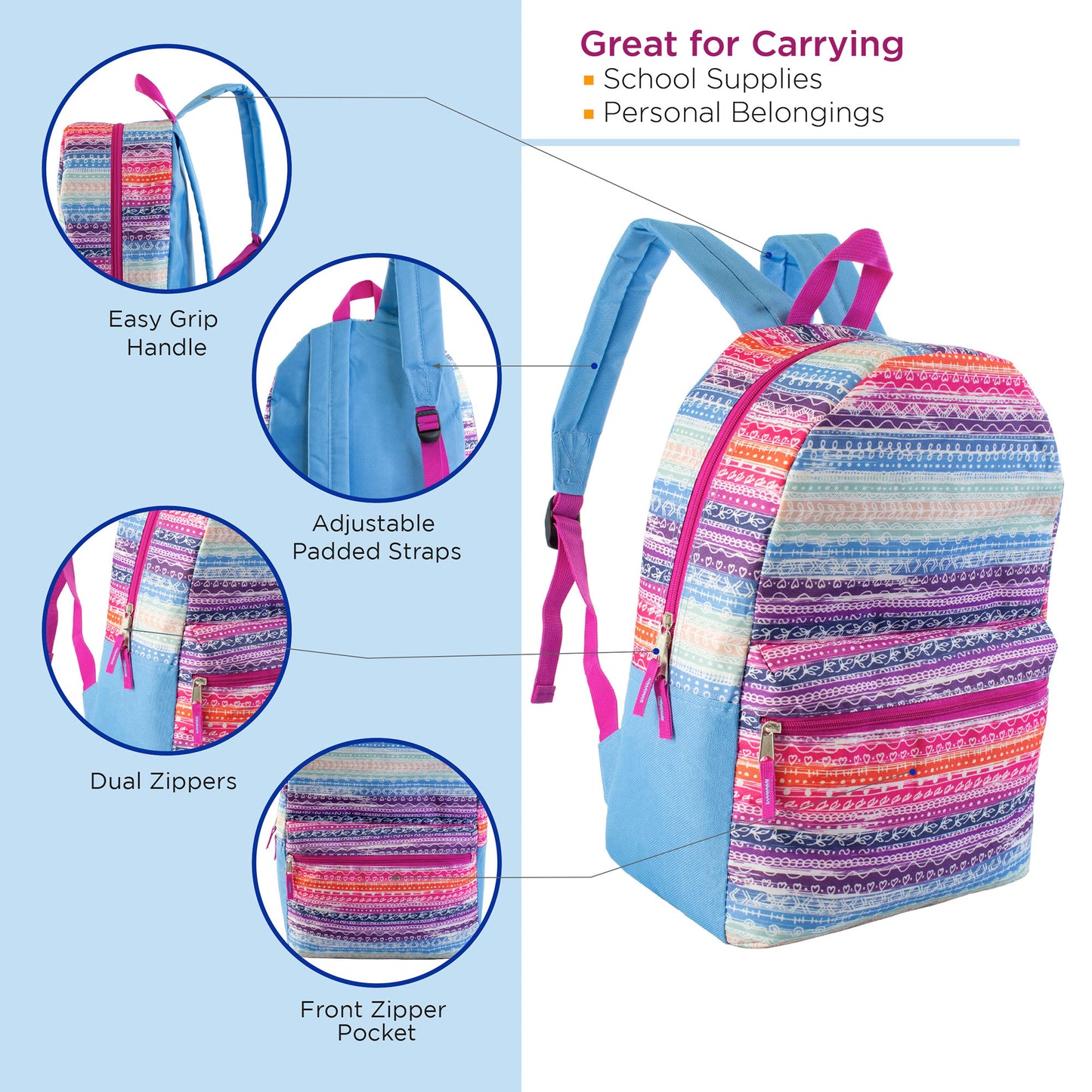 17" Printed Wholesale Backpacks in 12 Color Designs - Bulk Case of 24 ($5.65 / UNIT - ITEM: DWBP-312-24)