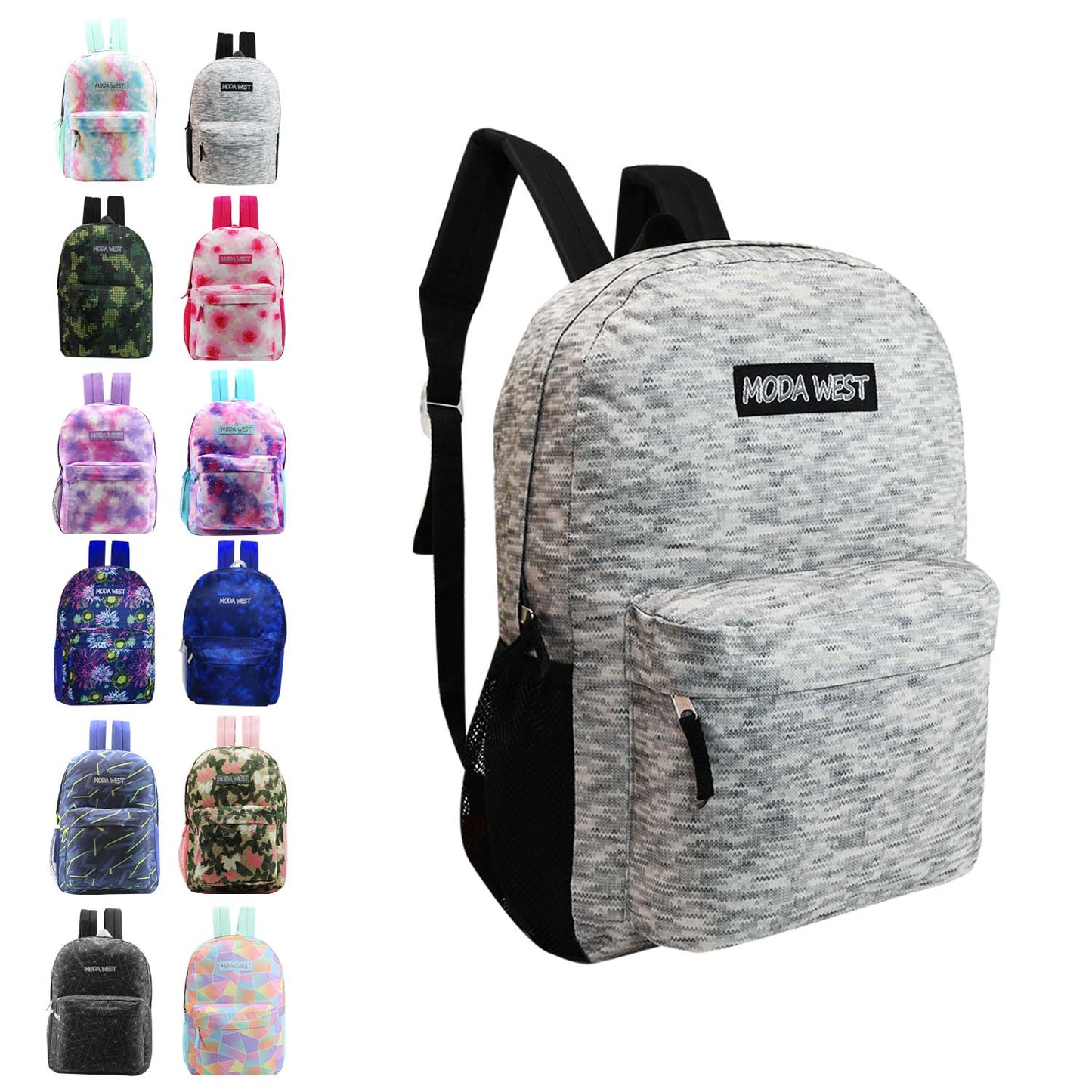 17" Printed Wholesale Backpacks in 12 Patterns / Colors - Bulk Case of 24 ($7.50 / UNIT - ITEM: DWBP-203-24)