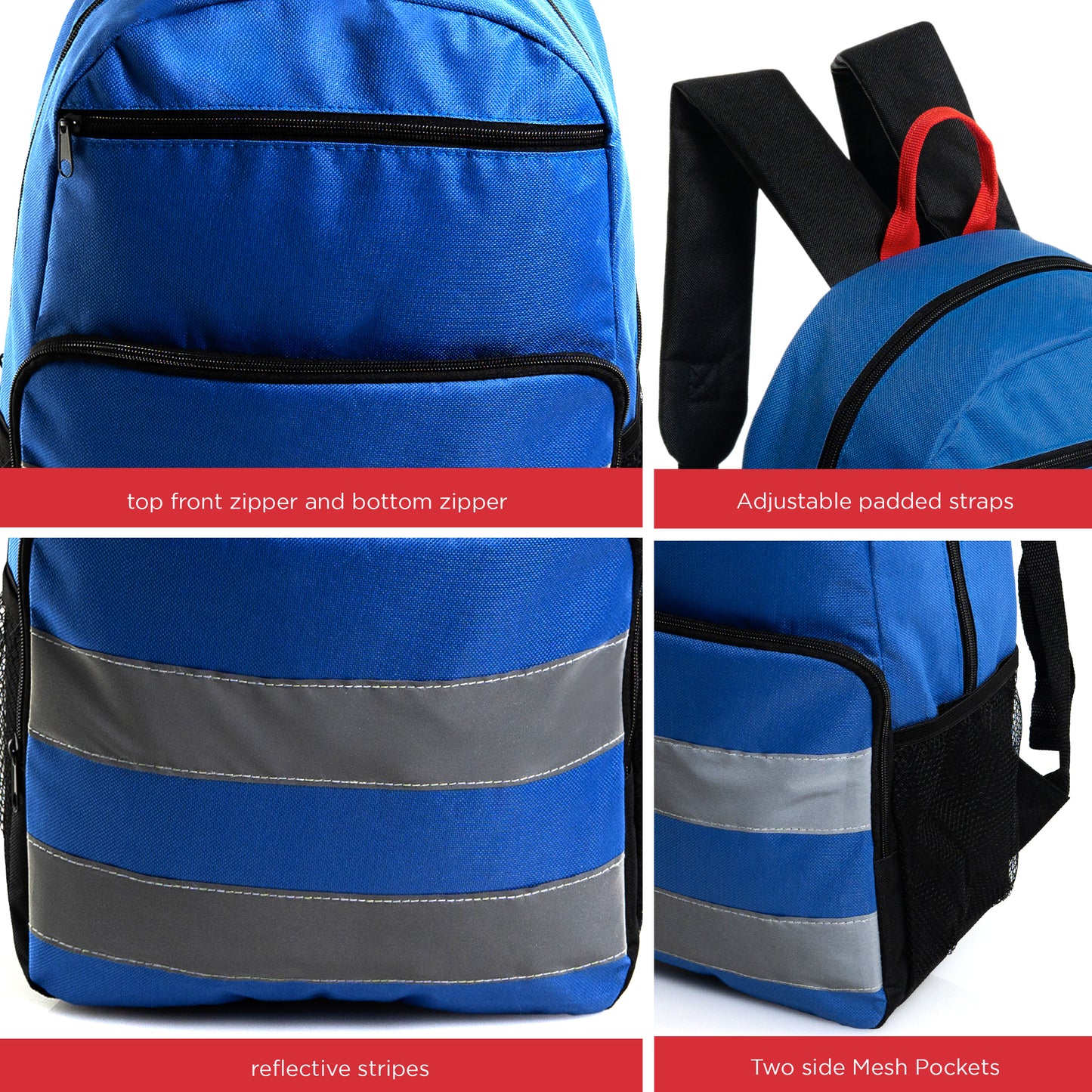 17" Reflective Stripe Wholesale Backpacks in 6 Colors - Bulk Case of 24 ($6.60 / UNIT - ITEM: DWBP-365-24)