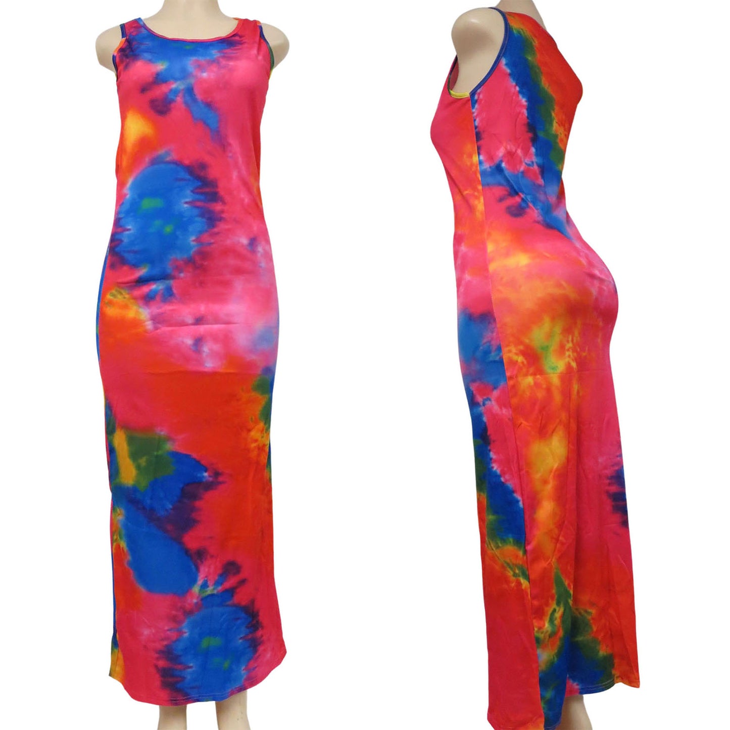 wholesale tie dye long sleeveless dress for women in multicolor red pink blue yellow and green