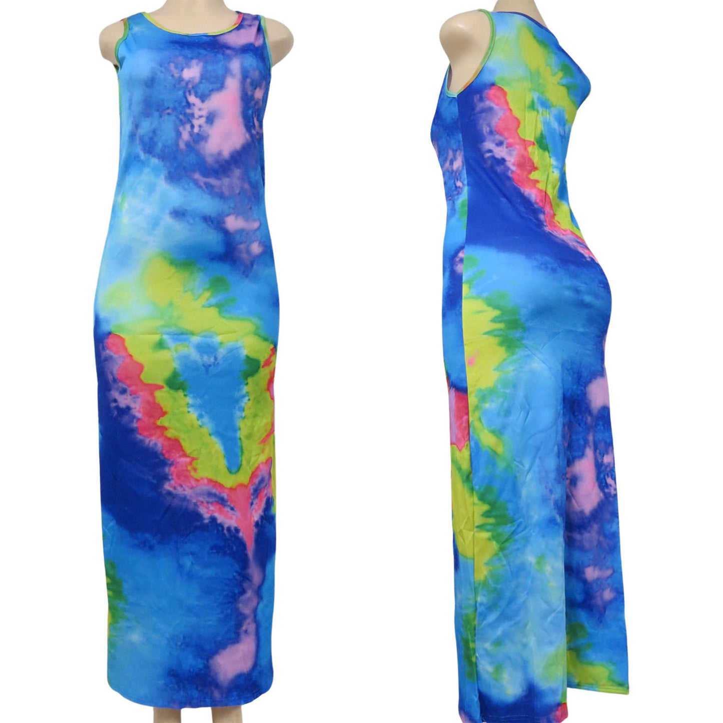wholesale tie dye long sleeveless dress for women in multicolor blue with green and pink