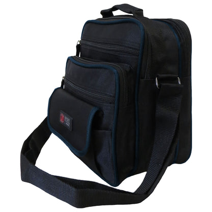 wholesale messenger bag in black with blue trim and a removable strap