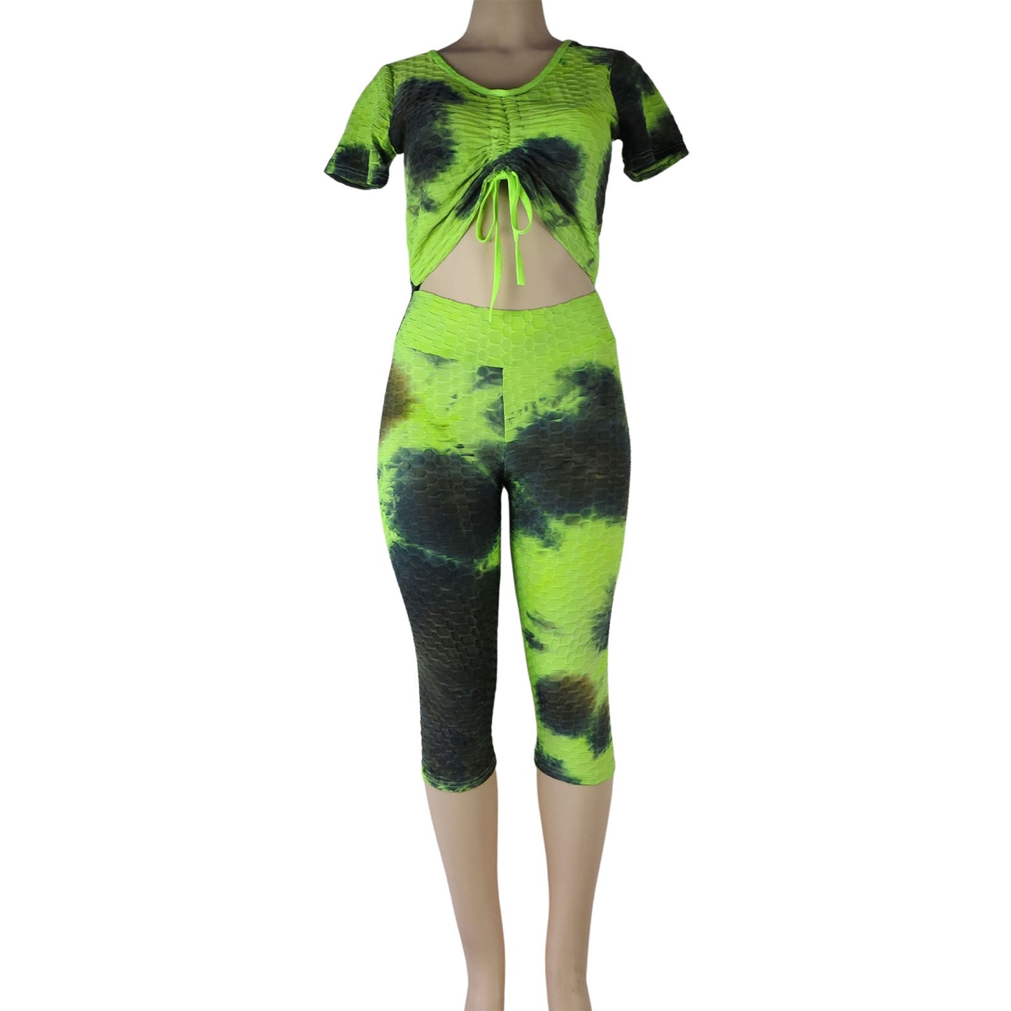 tiktok capri leggings wholesale tie dye 2 piece set green and black multicolor