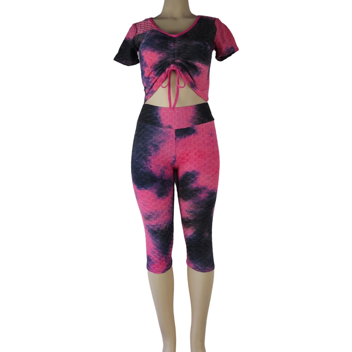 tiktok capri leggings wholesale tie dye 2 piece set dark pink multicolor