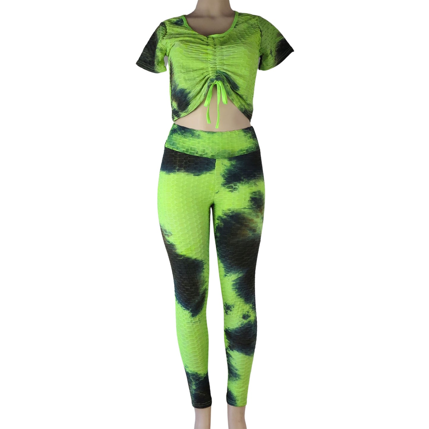 wholesale tiktok leggings 2 piece set crop top and high waist anti cellulite leggings tie dye green and black
