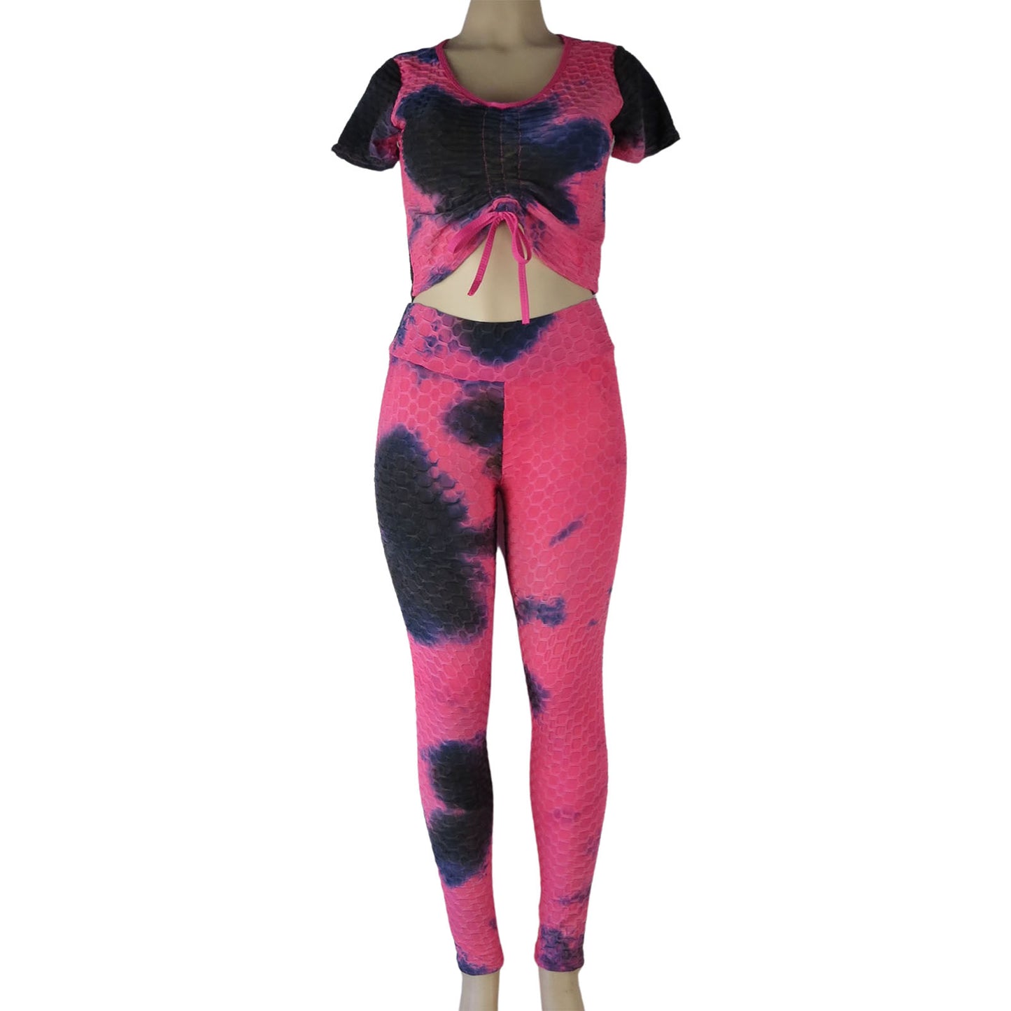 wholesale tiktok leggings 2 piece set crop top and high waist anti cellulite leggings tie dye pink and black