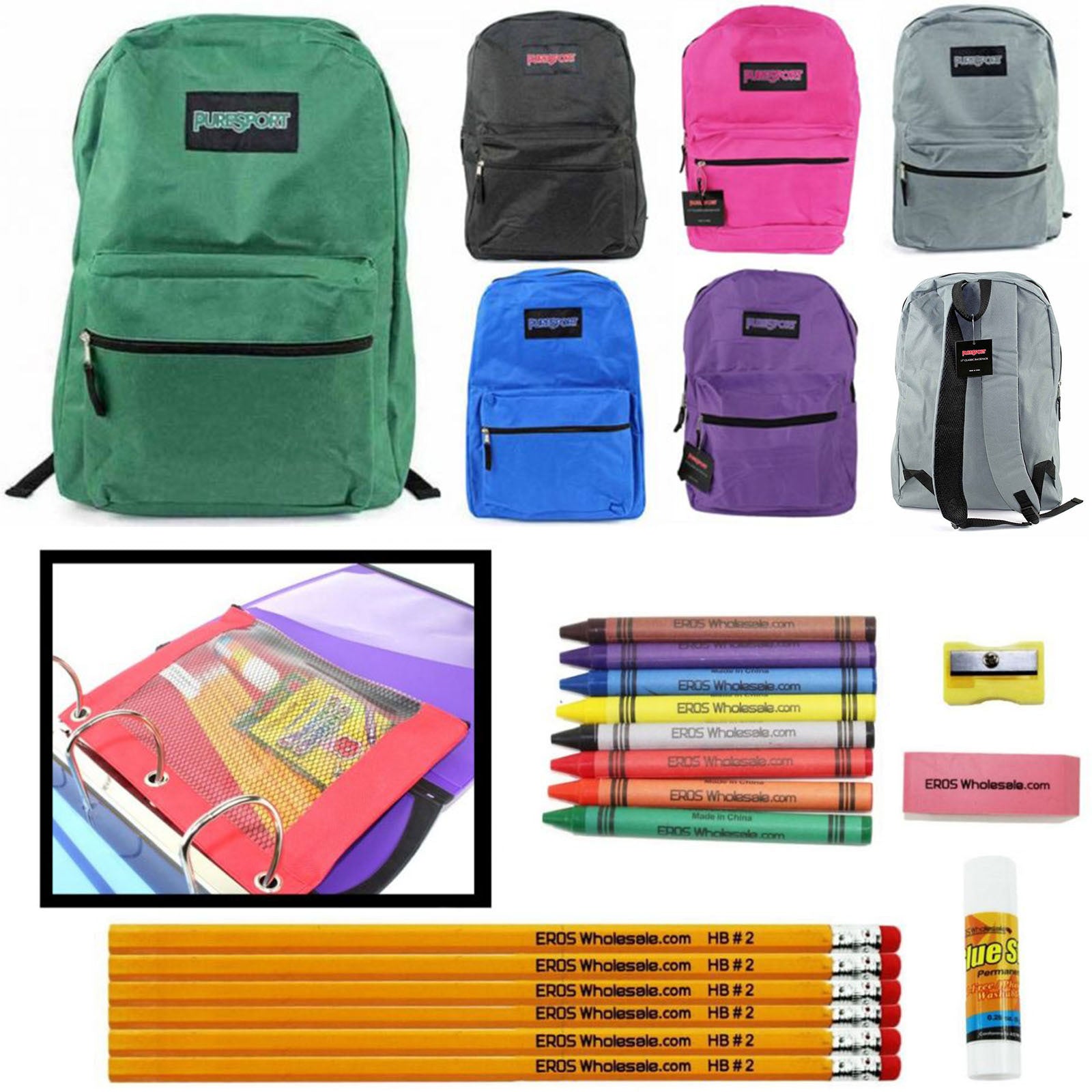 15 SOLID COLOR BACKPACKS W/ELEMENTARY SUPPLY KITS ITEM NUMBER