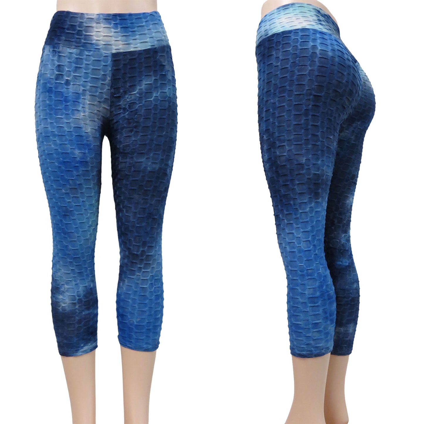 wholesale tie dye tiktok leggings capri scrunch butt lift high waist blue multicolor