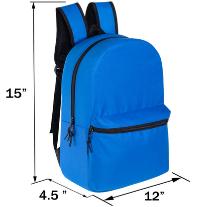 15" Wholesale Solid Color Backpacks in 12 Colors for Kids & 12 Bulk School Supply Kits | Choose Your Kit