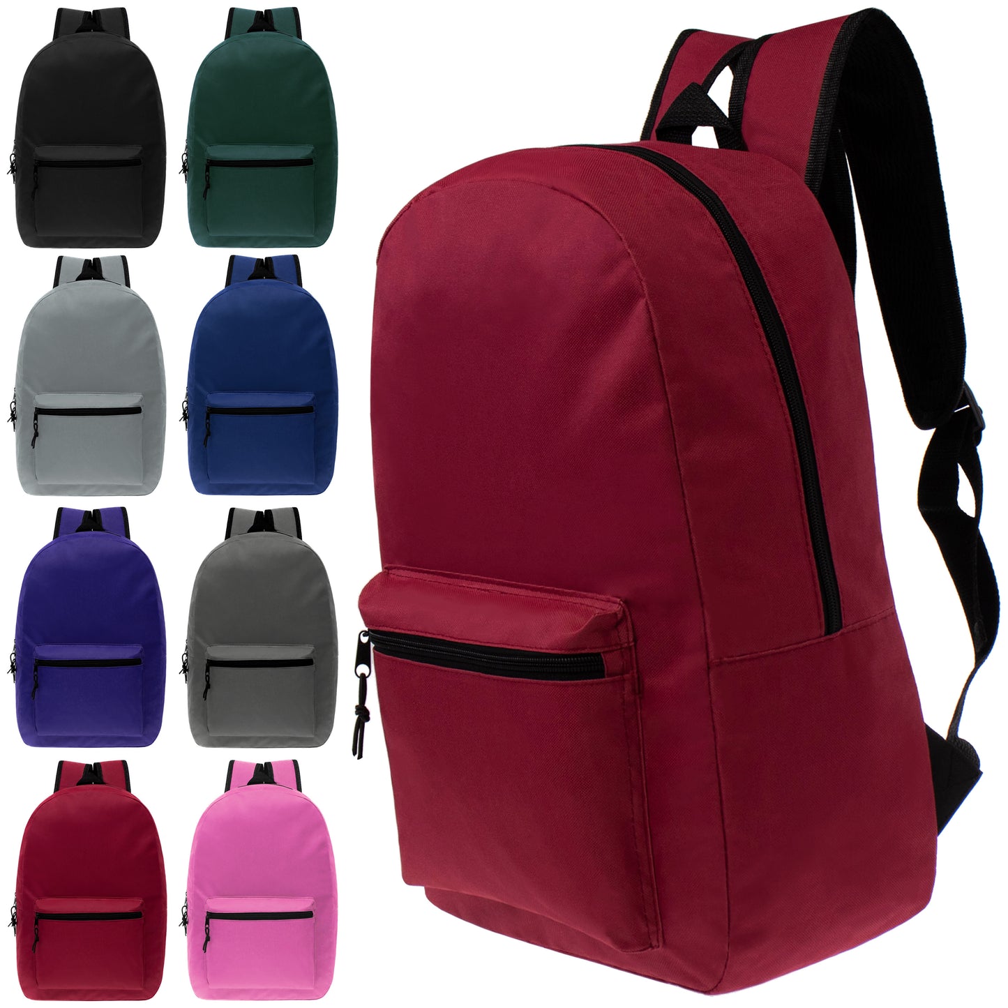 15" Basic Wholesale Solid Color Backpacks for Kids & 12 Bulk School Supply Kits | Choose Your Kit