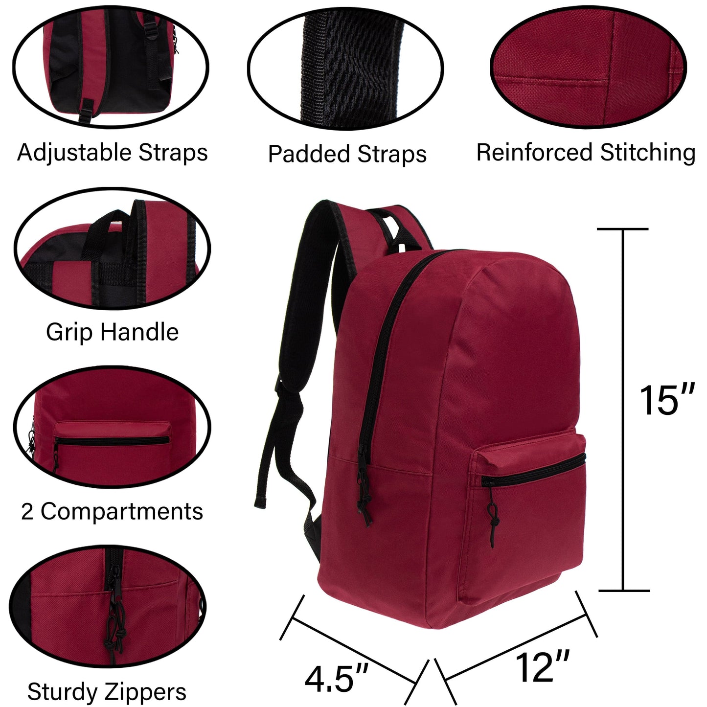 15" Basic Wholesale Solid Color Backpacks for Kids & 12 Bulk School Supply Kits | Choose Your Kit