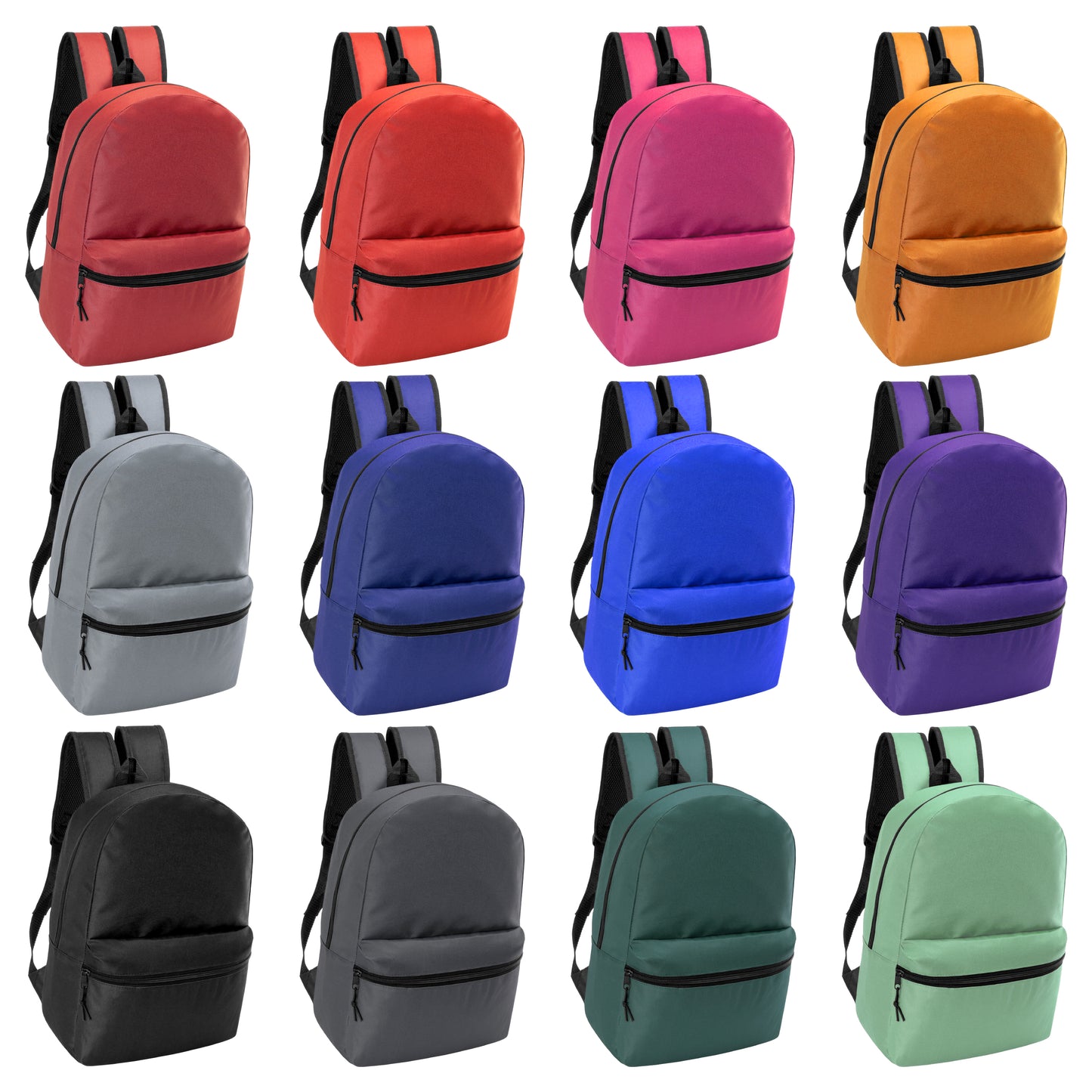 15" Wholesale Backpacks in Bulk in 12 Assorted Colors - Bulk Case of 24 ($3.70 / UNIT - ITEM: DWBP-333-24)
