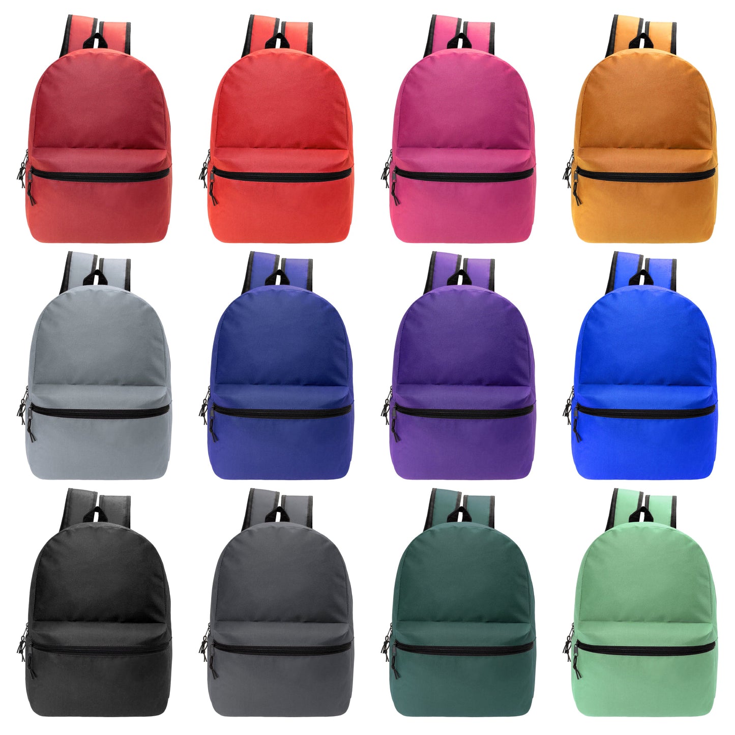 15" Wholesale Solid Color Backpacks in 12 Colors for Kids & 12 Bulk School Supply Kits | Choose Your Kit