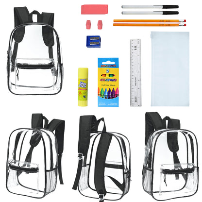 12 Wholesale 17"Clear Backpacks in Black & 12 Bulk School Supply Kits | Choose Your Kit