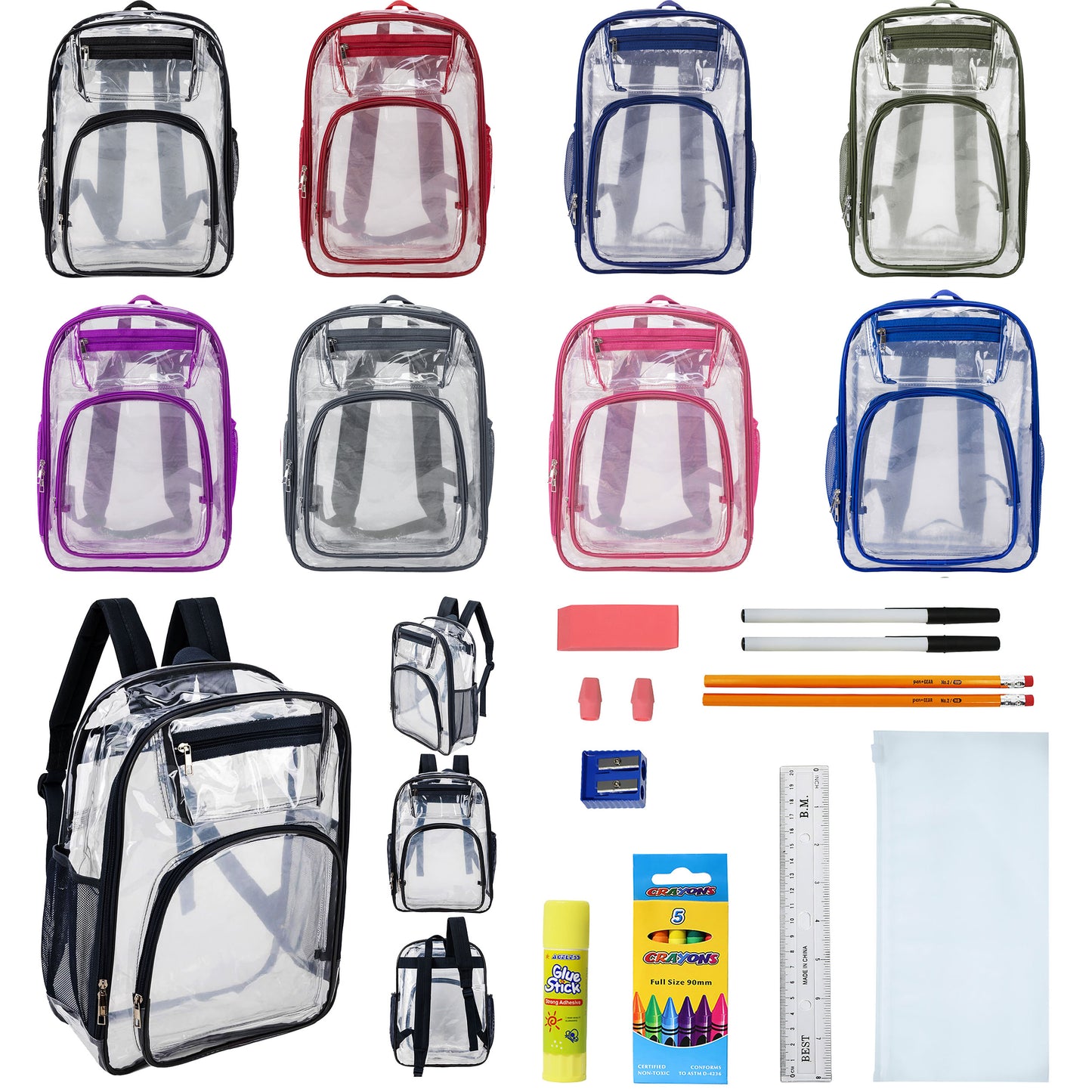 12  Deluxe 17"Clear Wholesale Backpacks in Assorted Colors & 12 Bulk School Supply Kits | Choose Your Kit