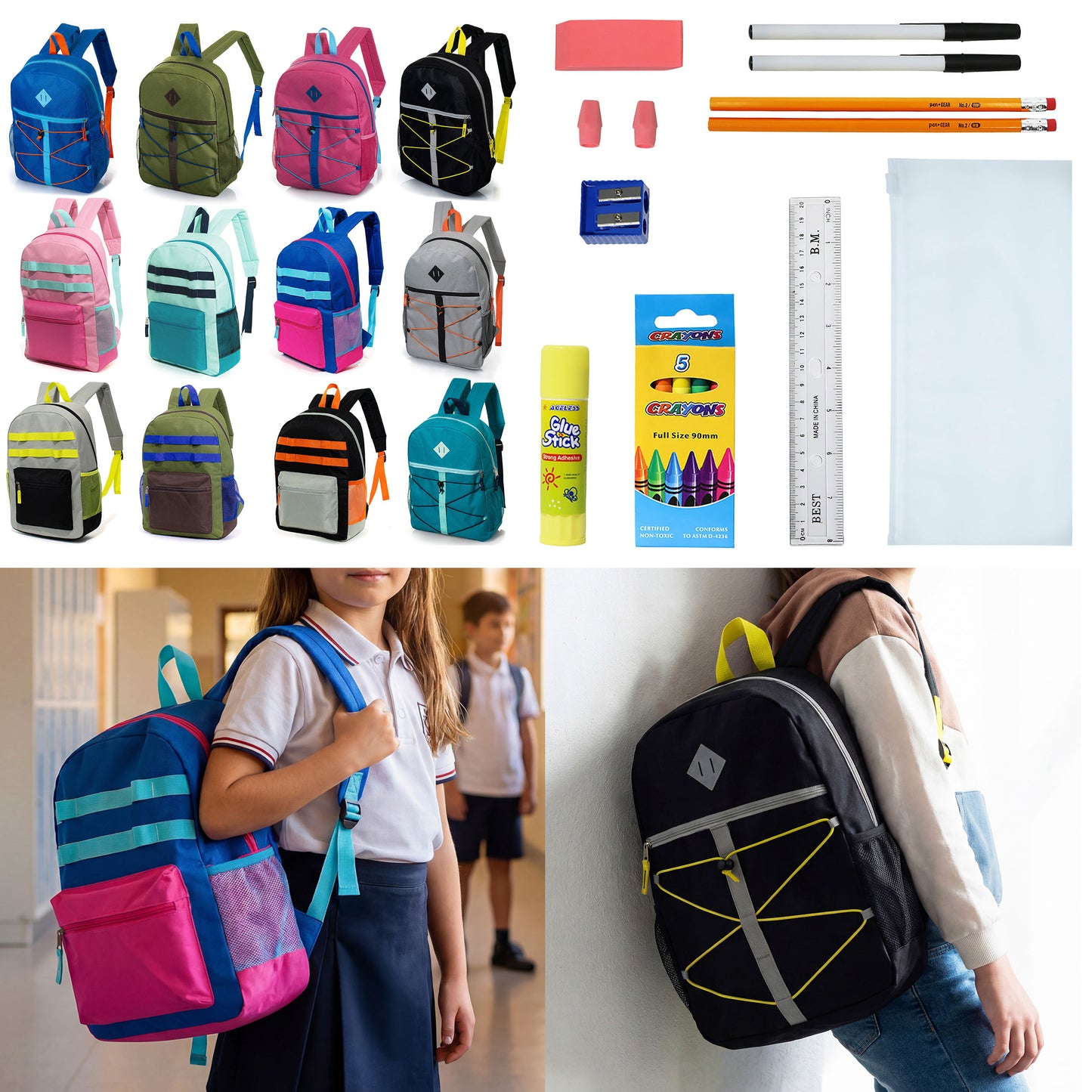 12 Daisy Chain & Bungee 17" Wholesale Backpacks & 12 Bulk School Supply Kits | Choose Your Kit