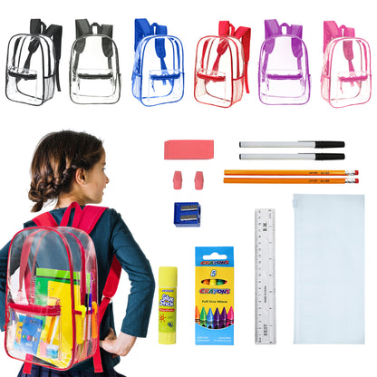 12 Wholesale 17"Clear Backpacks in Assorted Colors & 12 Bulk School Supply Kits | Choose Your Kit