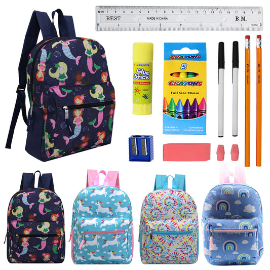 15" Girls Patterned Elementary School Wholesale Backpacks & 12 Bulk School Supply Kits | Choose Your Kit