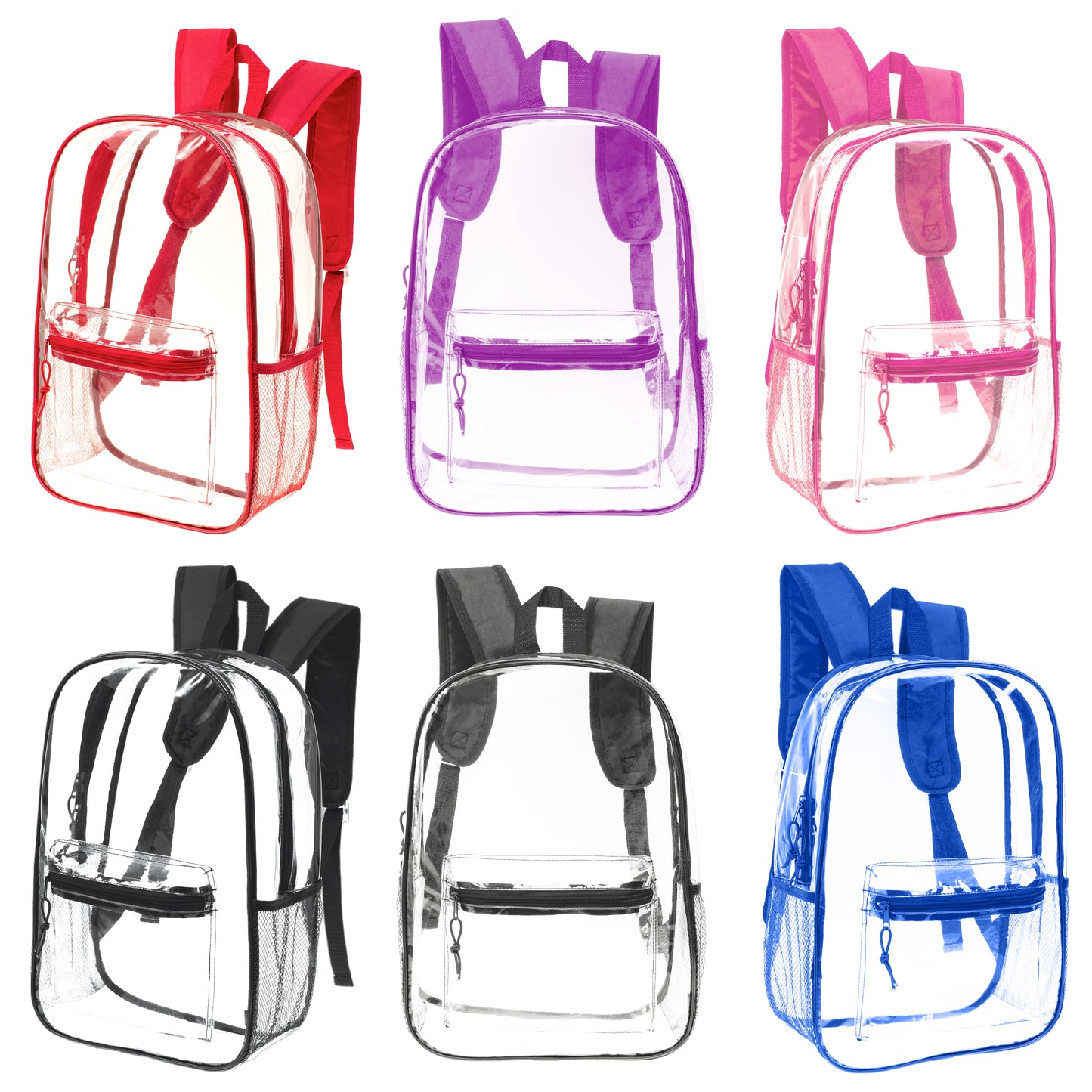 12 Wholesale 17"Clear Backpacks in Assorted Colors & 12 Bulk School Supply Kits | Choose Your Kit