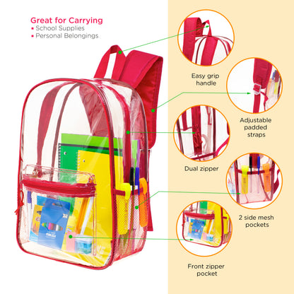 12 Wholesale 17"Clear Backpacks in Assorted Colors & 12 Bulk School Supply Kits | Choose Your Kit