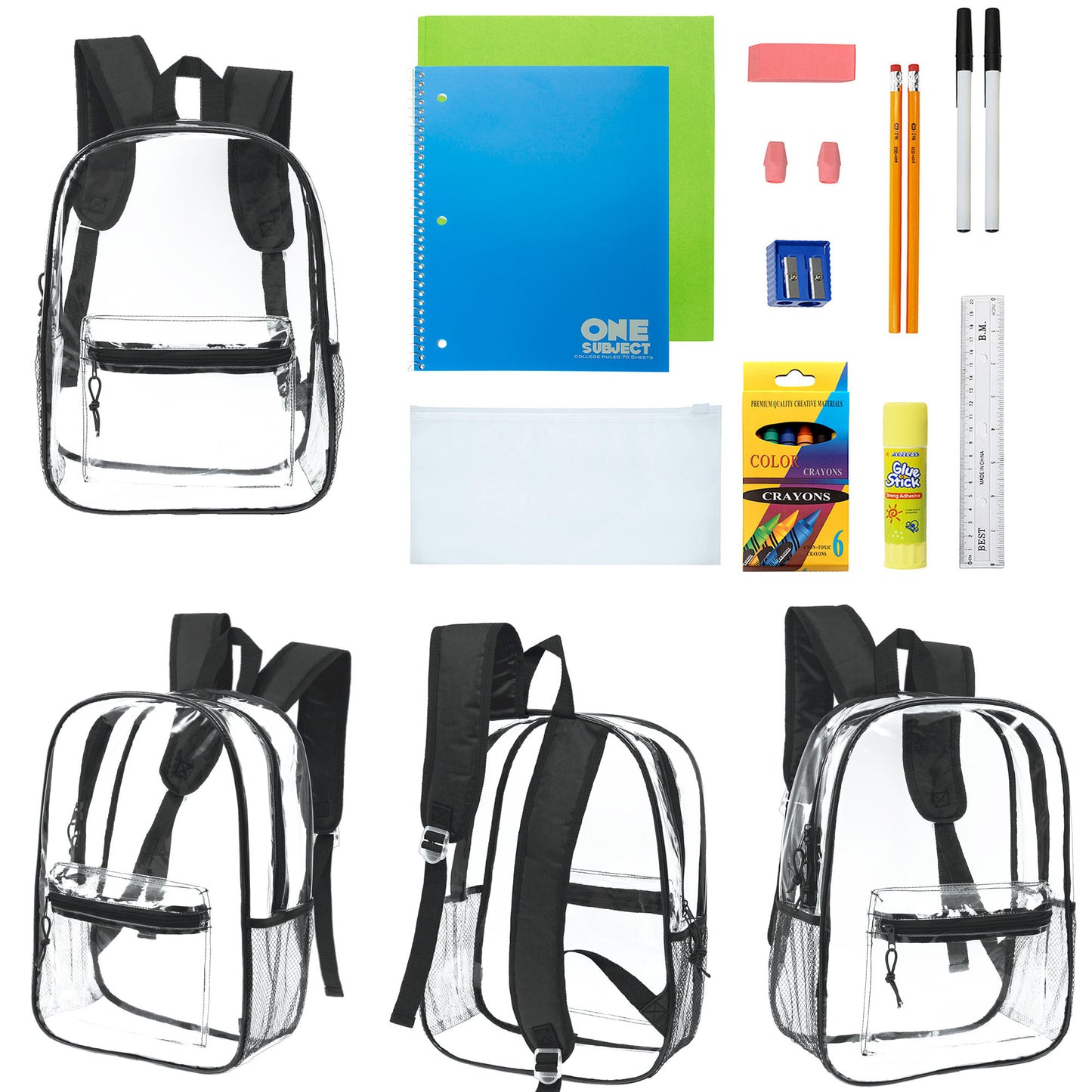 12 Wholesale 17"Clear Backpacks in Black & 12 Bulk School Supply Kits | Choose Your Kit