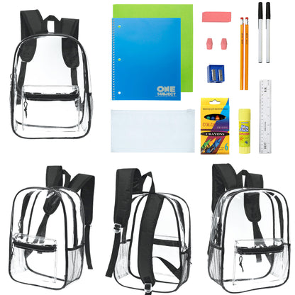 12 Wholesale 17"Clear Backpacks in Black & 12 Bulk School Supply Kits | Choose Your Kit