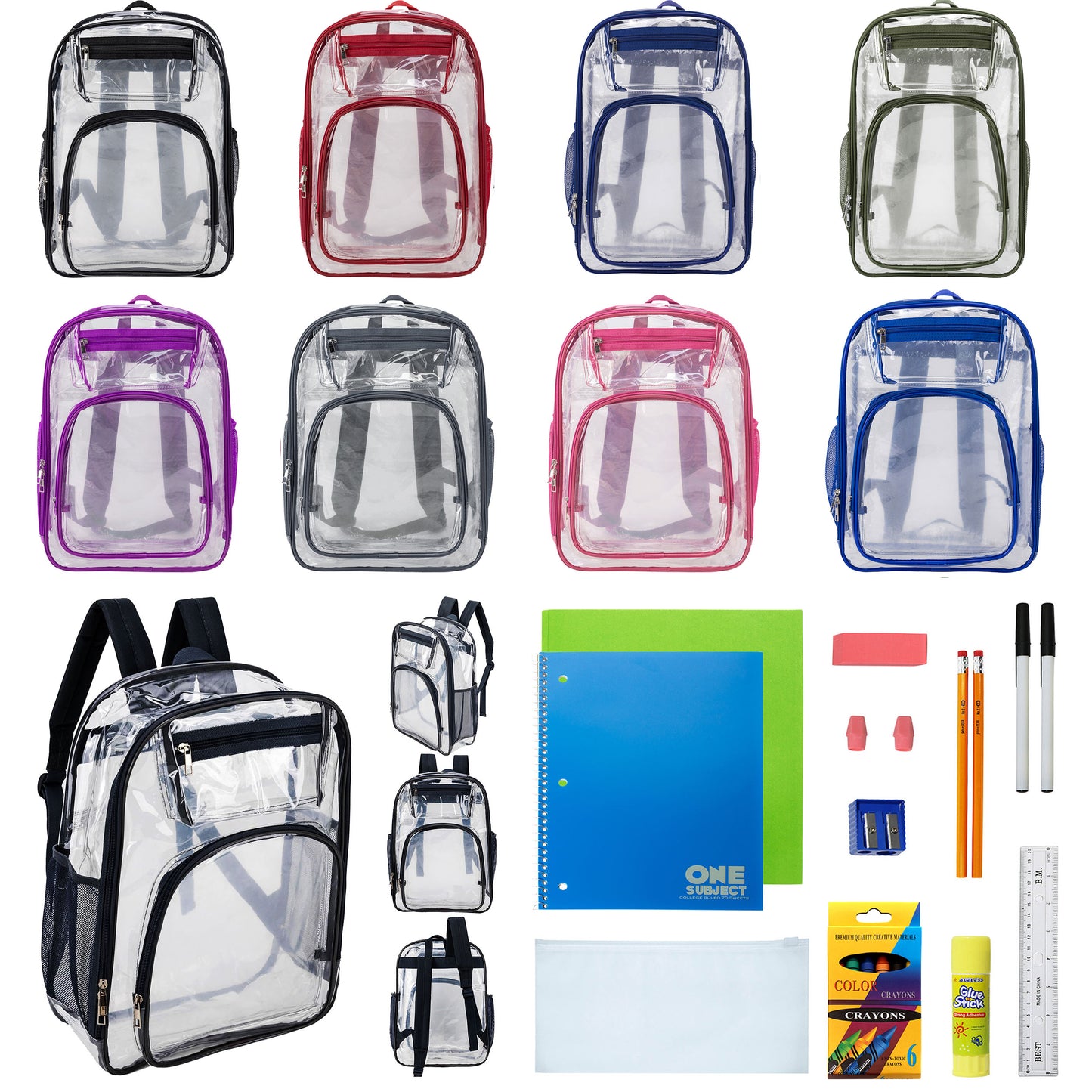 12  Deluxe 17"Clear Wholesale Backpacks in Assorted Colors & 12 Bulk School Supply Kits | Choose Your Kit