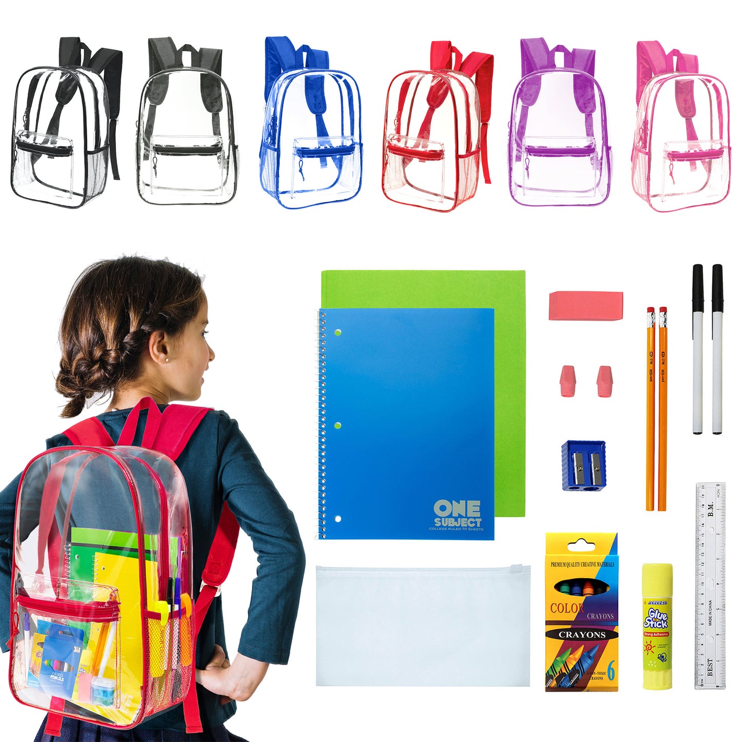 12 Wholesale 17"Clear Backpacks in Assorted Colors & 12 Bulk School Supply Kits | Choose Your Kit