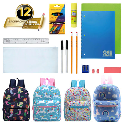 15" Girls Patterned Elementary School Wholesale Backpacks & 12 Bulk School Supply Kits | Choose Your Kit
