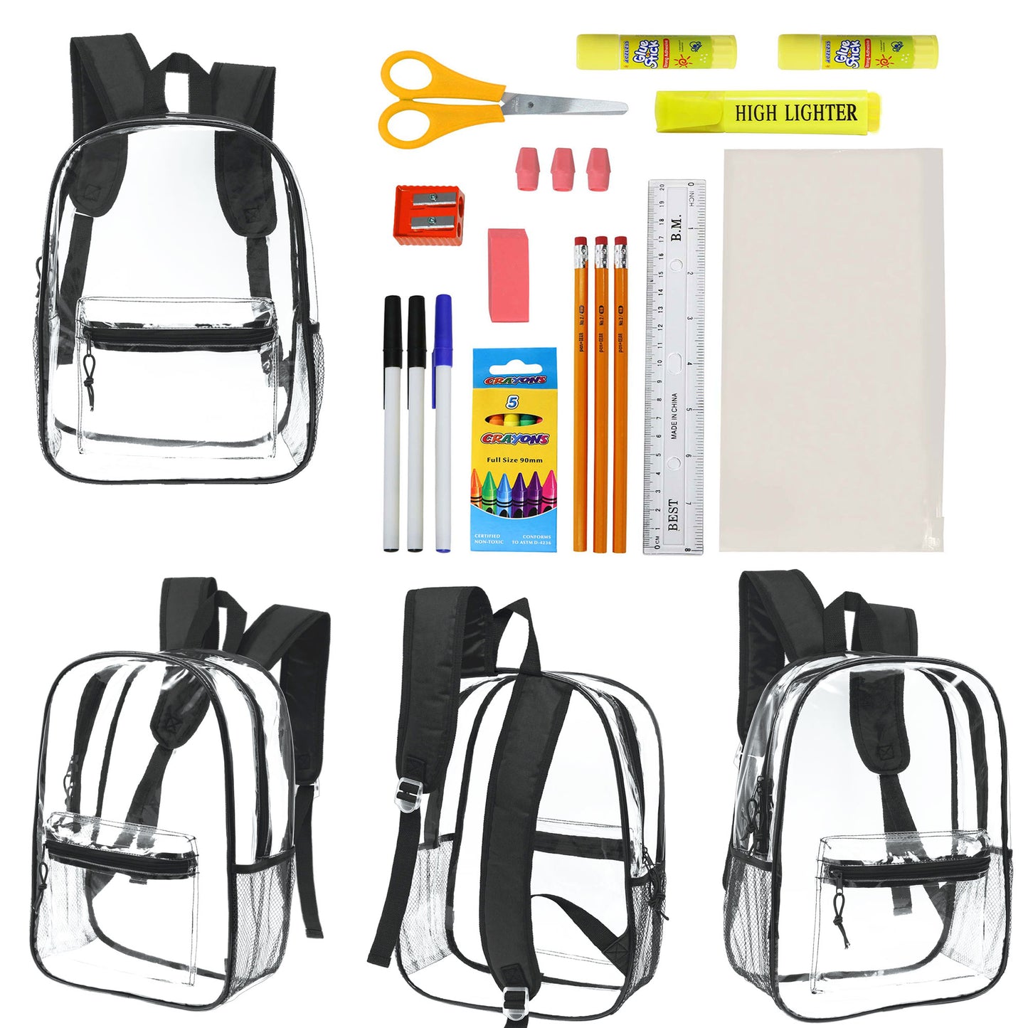 12 Wholesale 17"Clear Backpacks in Black & 12 Bulk School Supply Kits | Choose Your Kit