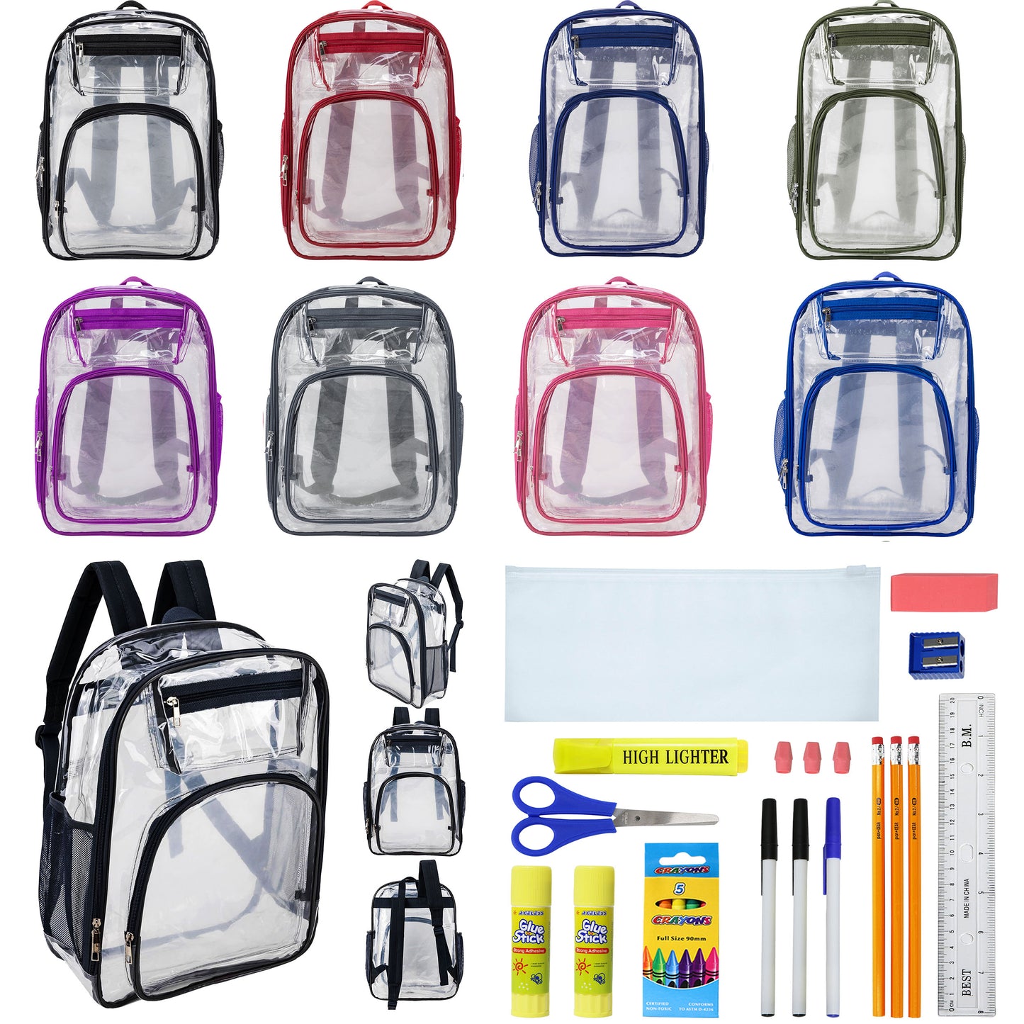 12  Deluxe 17"Clear Wholesale Backpacks in Assorted Colors & 12 Bulk School Supply Kits | Choose Your Kit