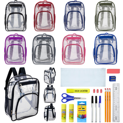12  Deluxe 17"Clear Wholesale Backpacks in Assorted Colors & 12 Bulk School Supply Kits | Choose Your Kit