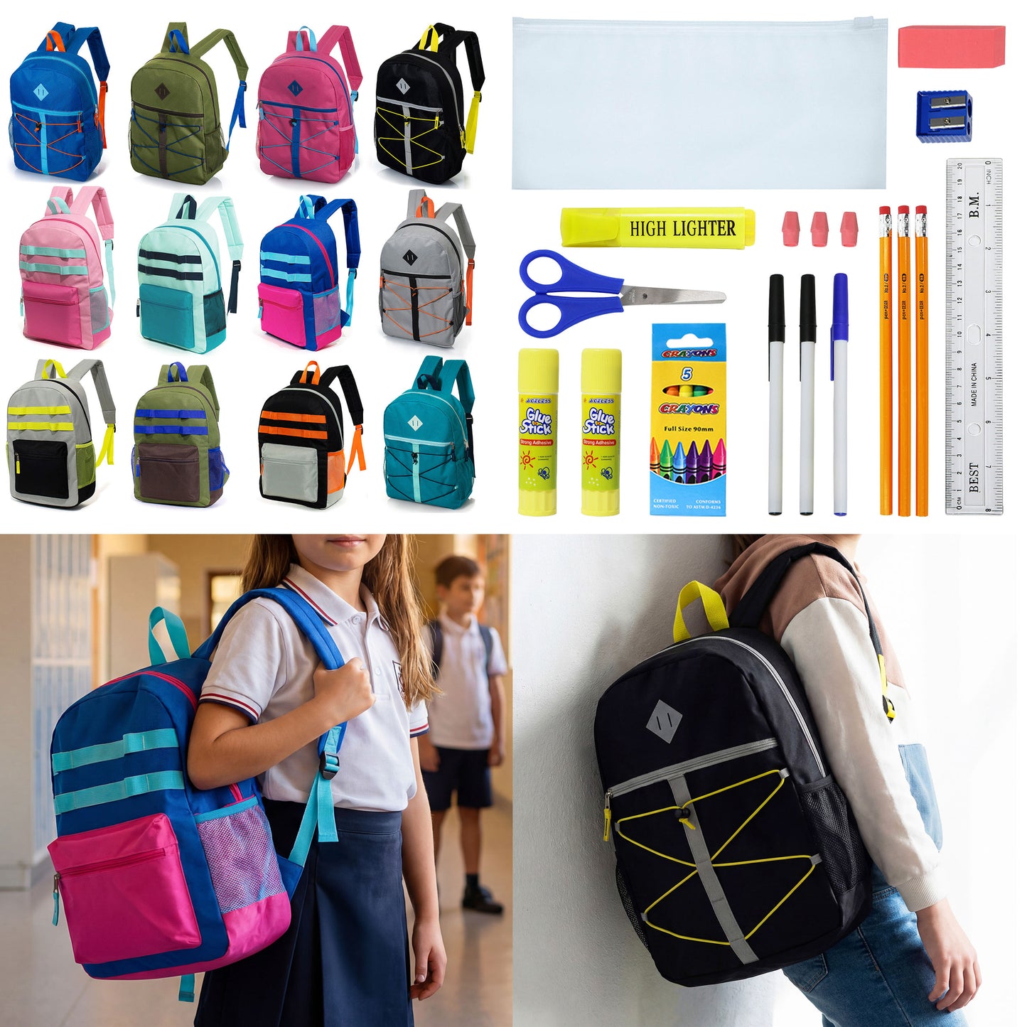 12 Daisy Chain & Bungee 17" Wholesale Backpacks & 12 Bulk School Supply Kits | Choose Your Kit