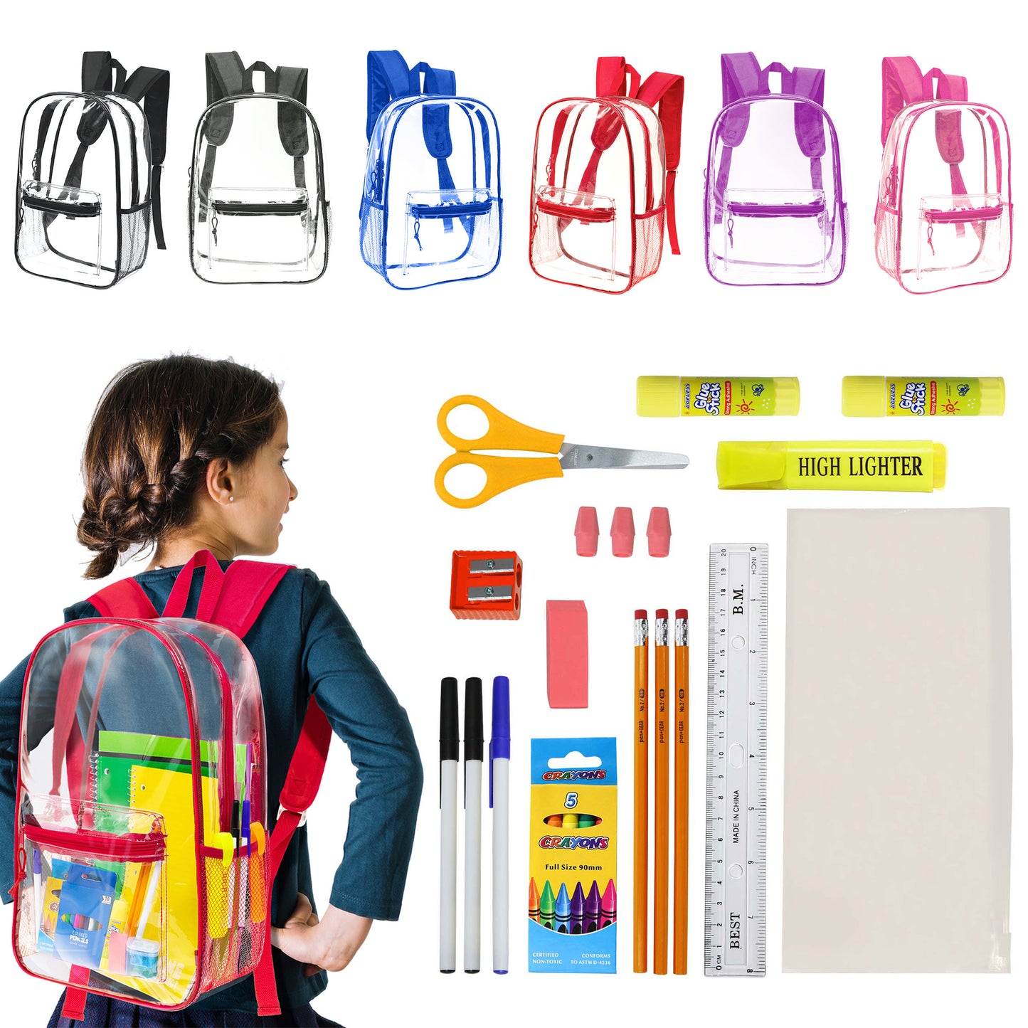 12 Wholesale 17"Clear Backpacks in Assorted Colors & 12 Bulk School Supply Kits | Choose Your Kit