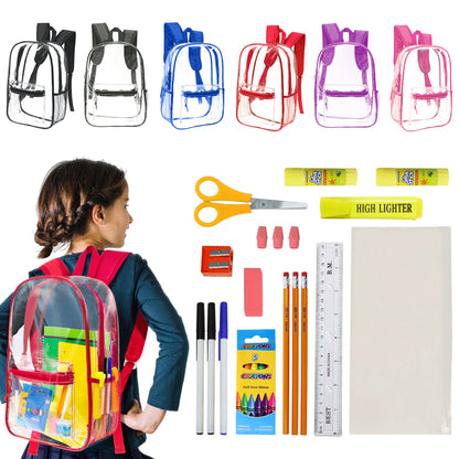 12 Wholesale 17"Clear Backpacks in Assorted Colors & 12 Bulk School Supply Kits | Choose Your Kit
