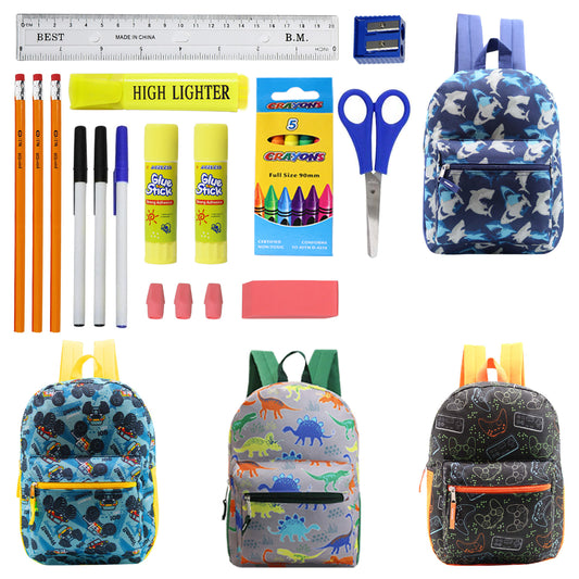 15" Boys Patterned Elementary School Wholesale Backpacks & 12 Bulk School Supply Kits | Choose Your Kit